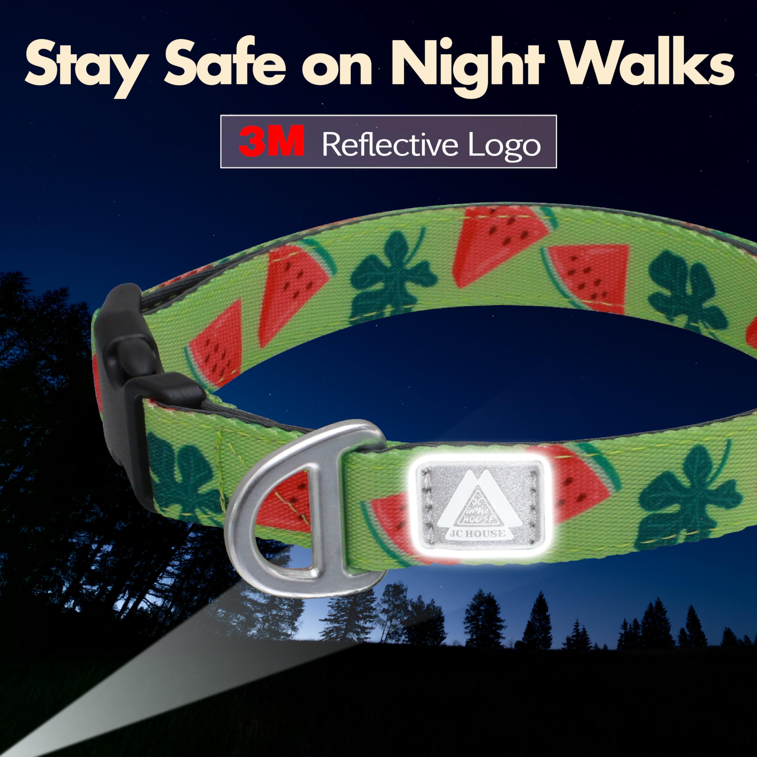 Jc House Medium Dog Collar With Reflective Logo And Soft Padded Neoprene,Summer Watermelon Design, Adjustable,Lightweight & Dura