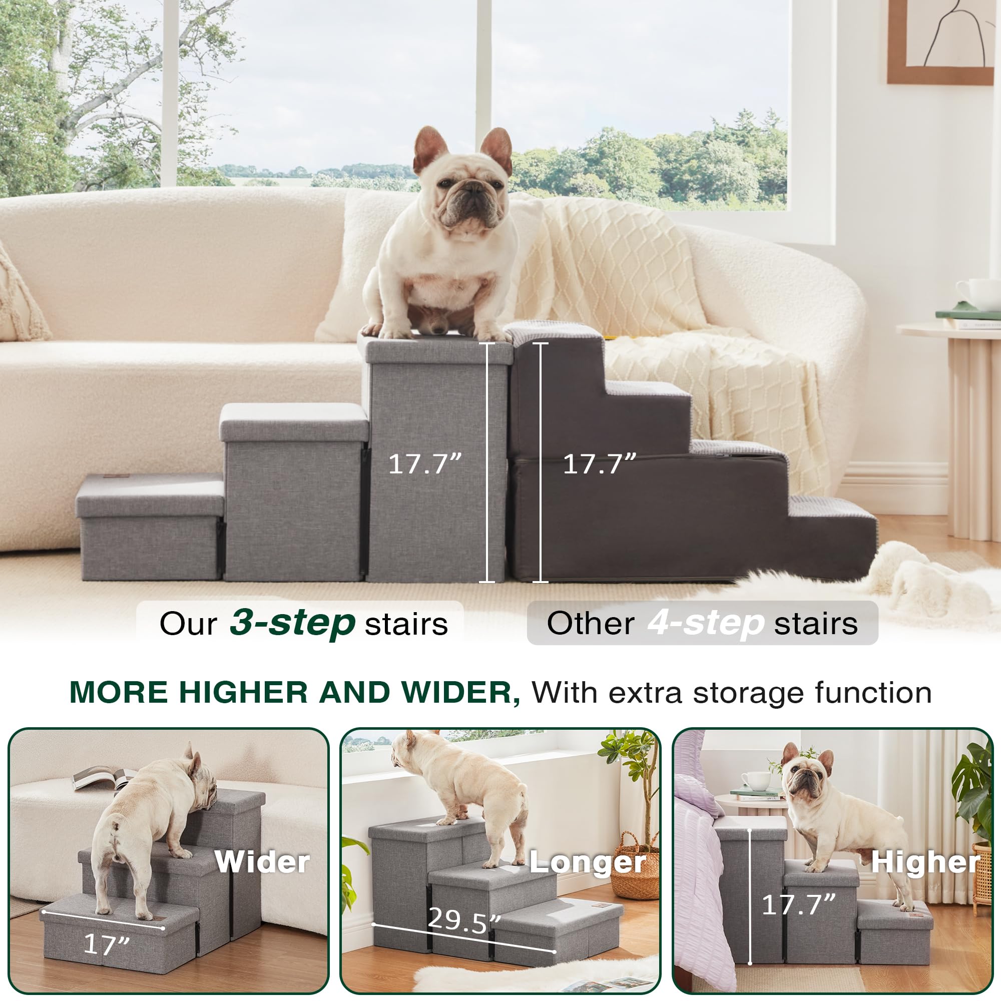 Love'S Cabin Dog Stairs For High Bed 18'H,Foldable Pet Stairs For Small Medium Or Large Dogs Puppy With Storage For Bed Or Couch, Cat Dog Steps Ramp With Zip Up To 210 Lbs(Solid Grey,3 Steps No Condo)