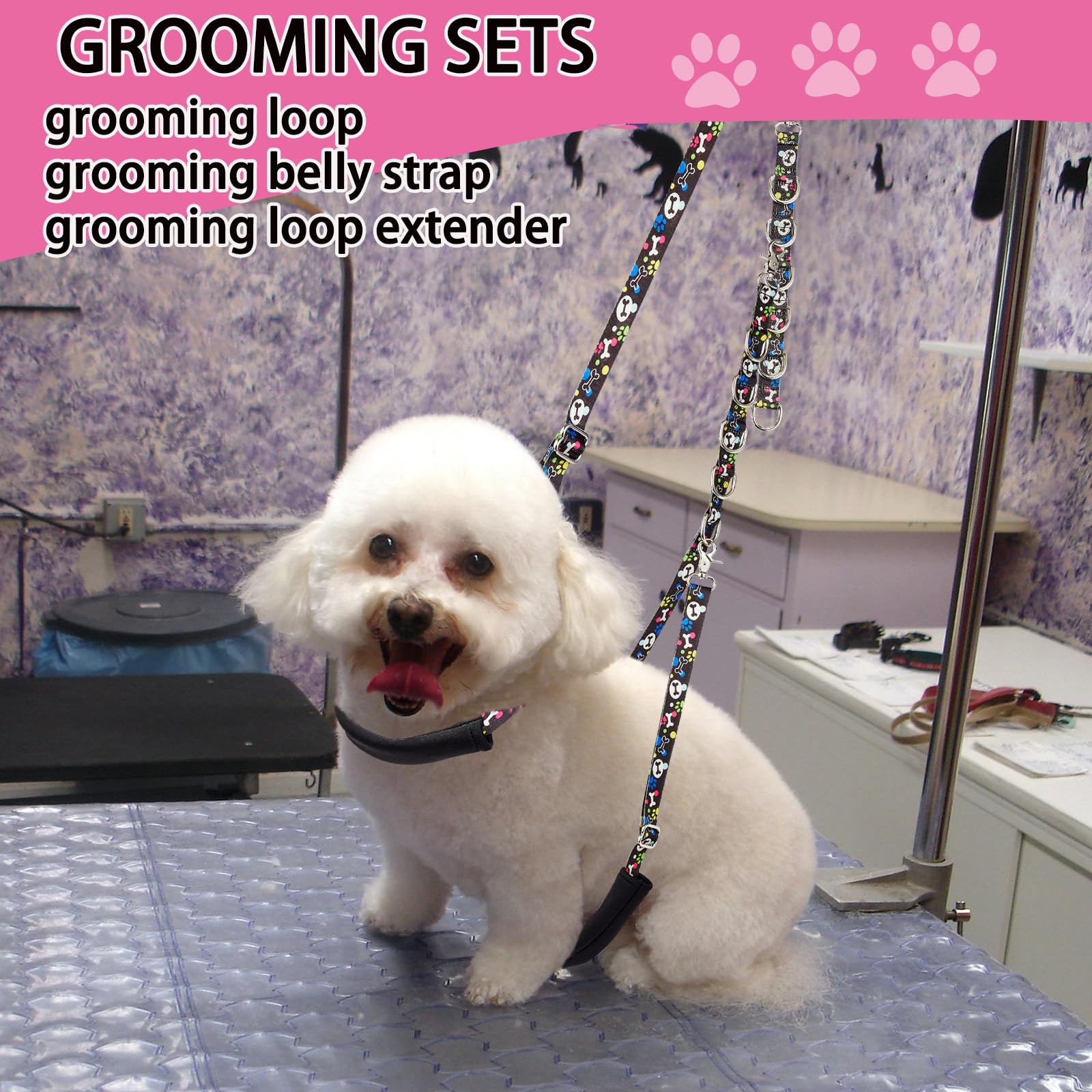 Fursdoly Dog Grooming Belly Straps - Dog Grooming Loops Belly Band Dogs Grooming Table Arm Accessories Cute Paw And Bone Pattene