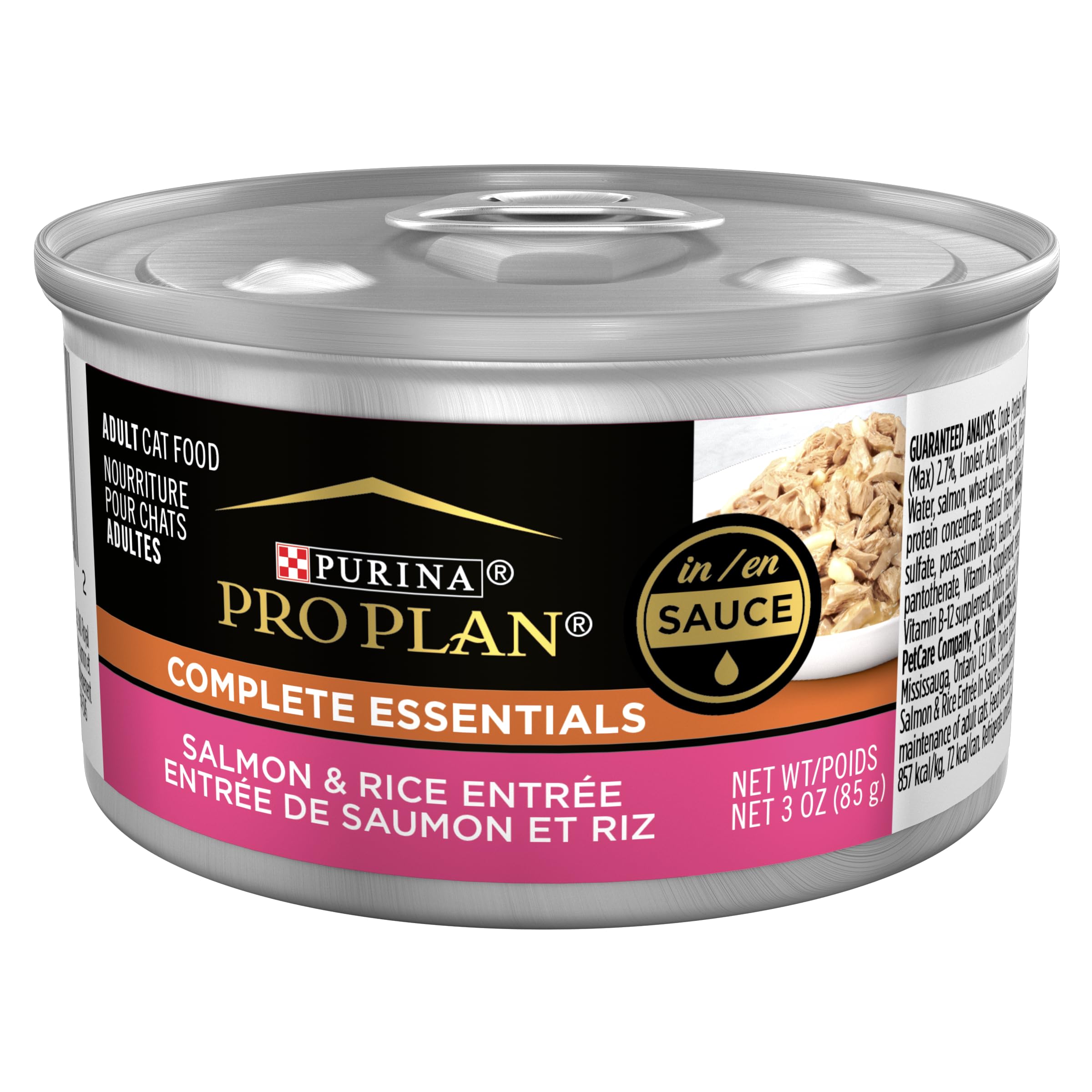 Purina Pro Plan Gravy, Pate, High Protein Wet Cat Food, Complete Essentials Salmon and Rice Entree in Sauce - (Pack of 24) 3 oz.