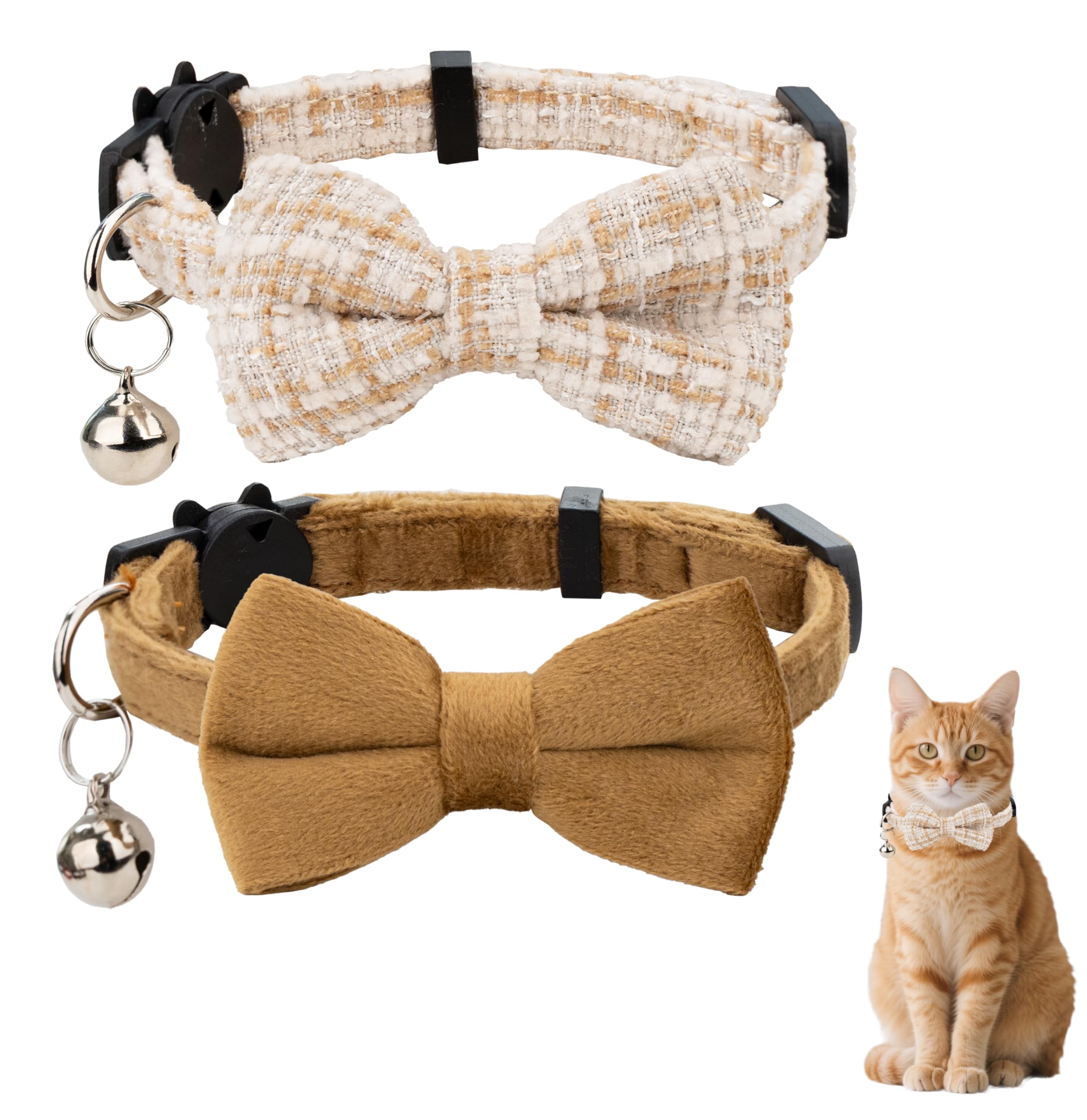Gyapet Cat Collar Breakaway With Bell Boy Girl Kitten Bow Tie Safety Plaid Solid Color Set Cute Soft Summer B-[2Pcs] Khaki