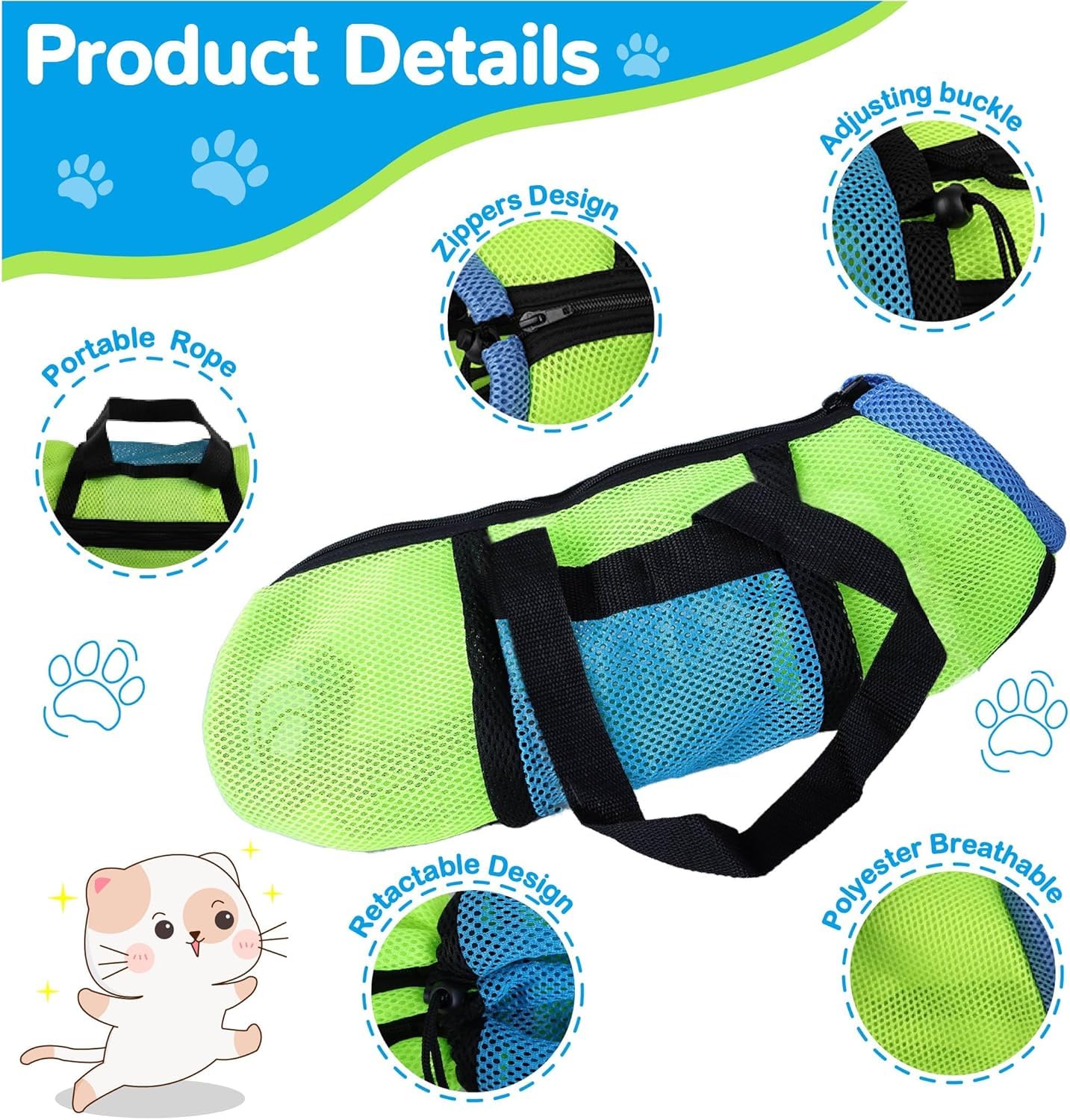 Awoof Cat Grooming Bag Adjustable Cat Bathing Bag Anti Scratch Bite Polyester Soft Durable Mesh Cat Shower Bag For Small Medium