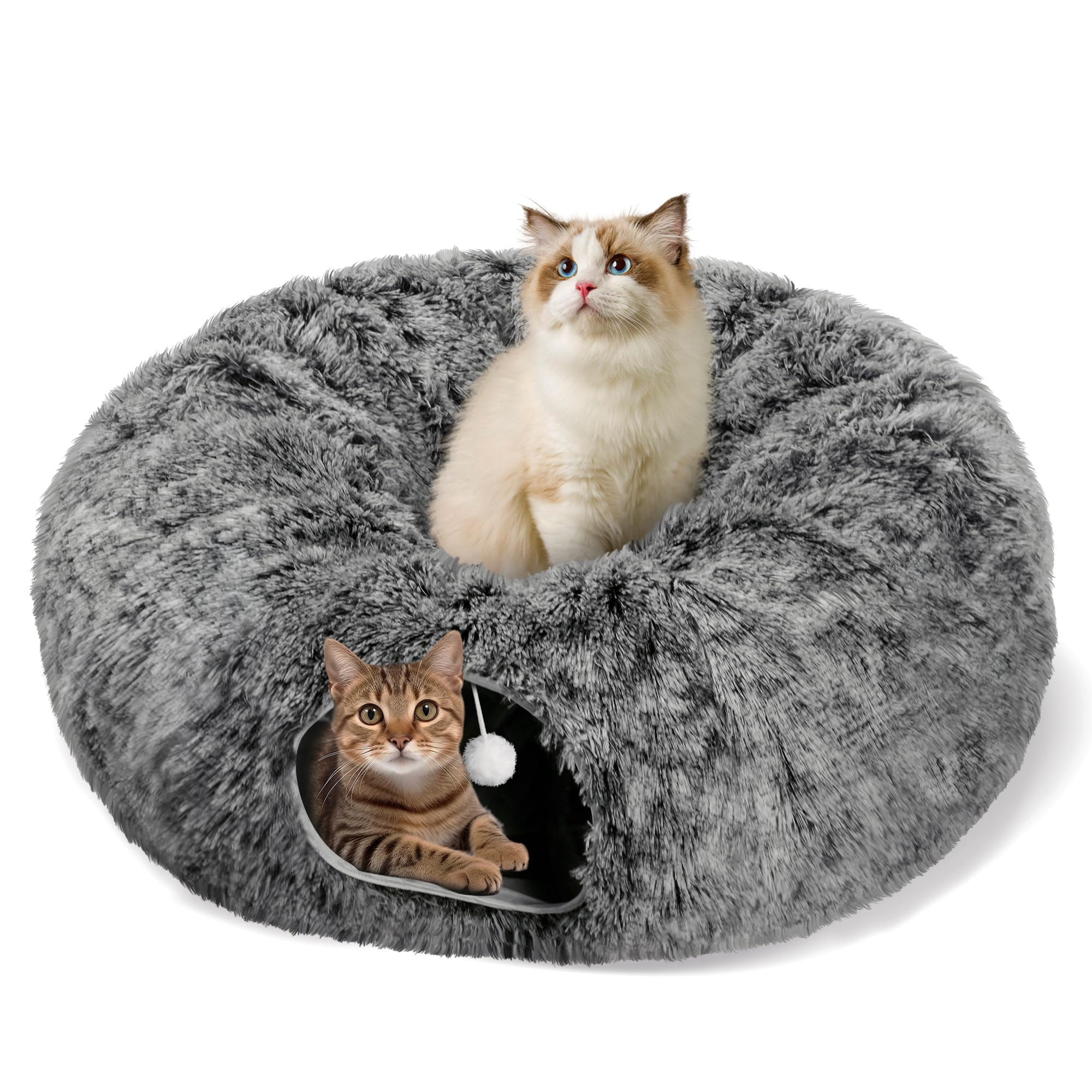 Cat Tunnel Bed for Indoor Cats, Peekaboo Cat Cave with Washable Soft Play Mat, Furry Cat Tube, for Kitten/Puppy/Rabbit, Black
