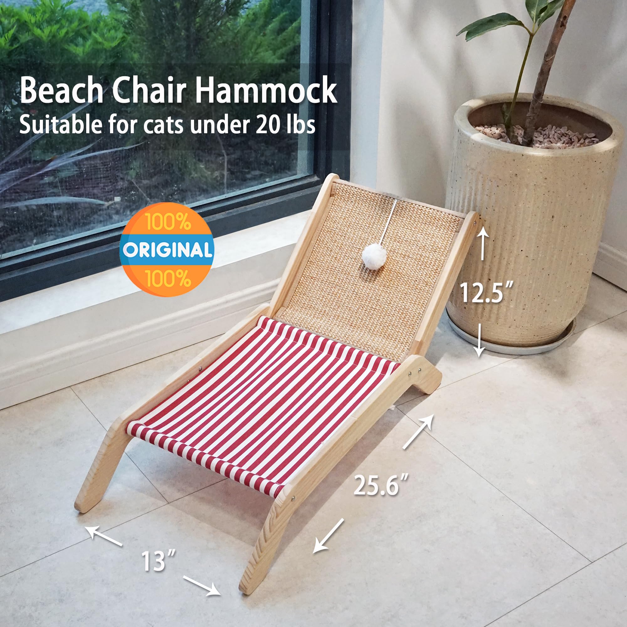 Petkaray Beach Chair Cat Hammock, Elevated Cat Beds For Indoor Cats, Original Cozy Cat Lounger With Sisal Scratcher And Toy Ball