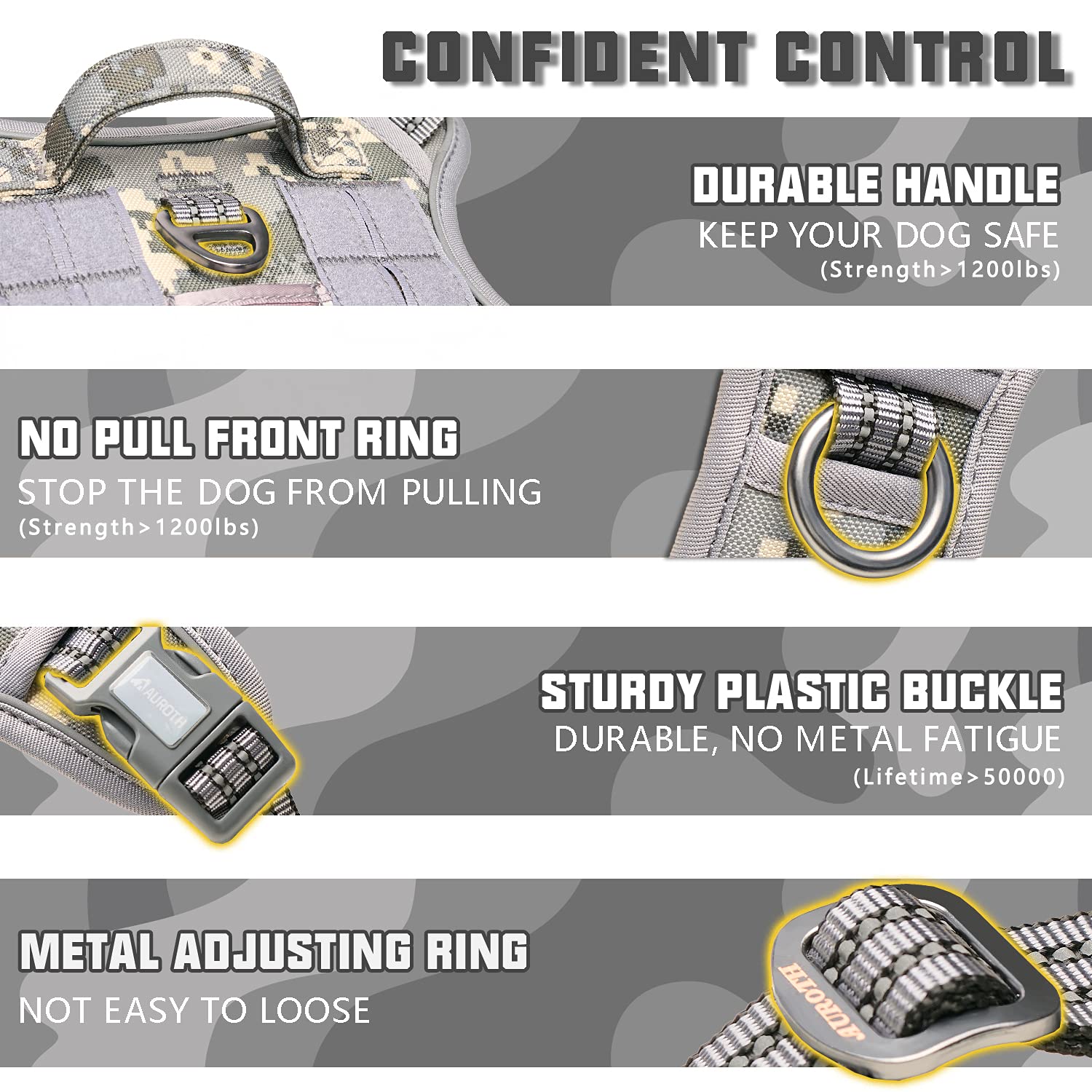 Auroth Tactical Dog Harness For Small Medium Large Dogs No Pull Adjustable Pet Harness Reflective K9 Working Training Easy Control Pet Vest Military Service Dog Harnesses Medium Grey Camo