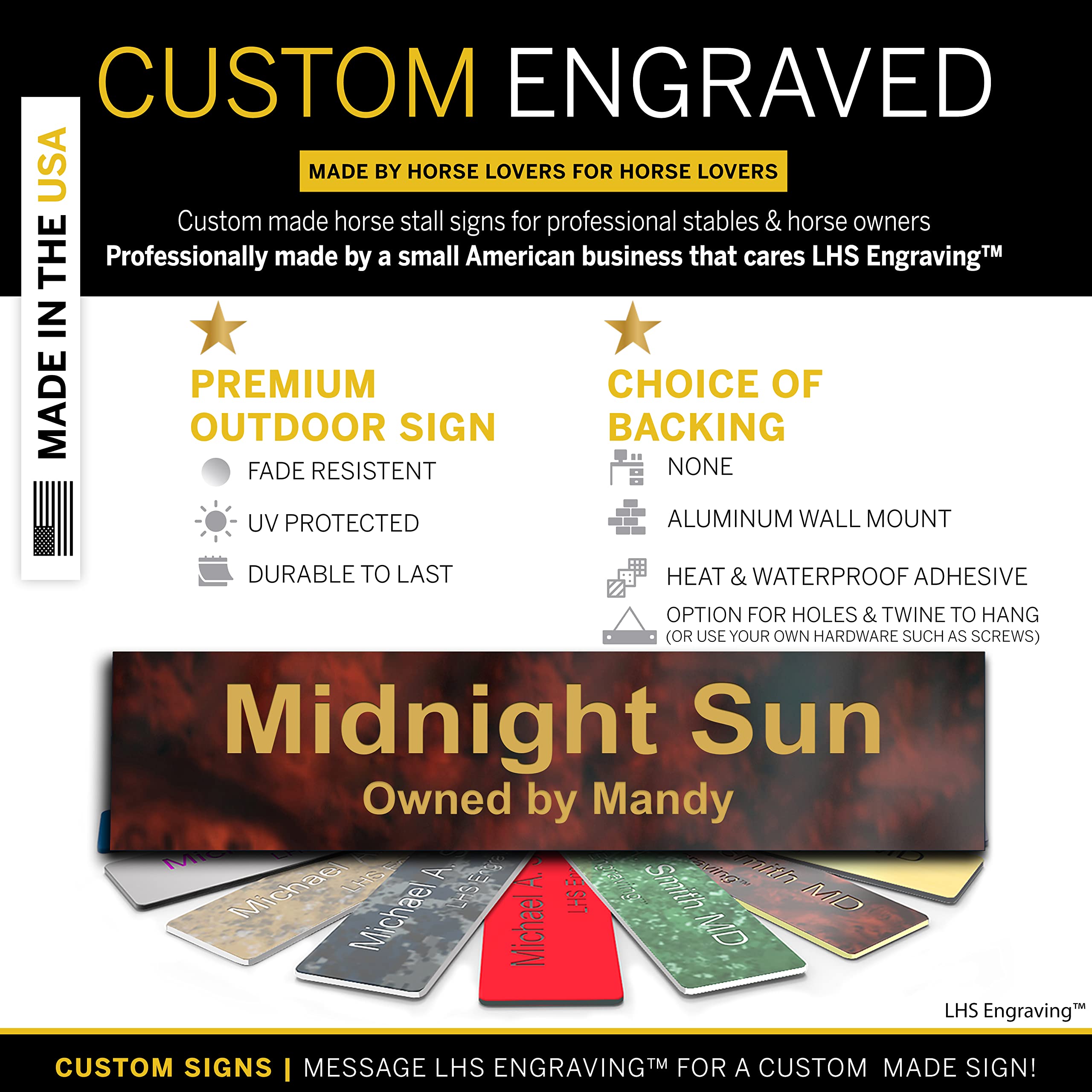 Lhs | Horse Stall Name Plate, 2X6 Personalized Stall Signs, Uv Protected, All Weather Adhesive, Hanging, Mounting Or Other, Burl