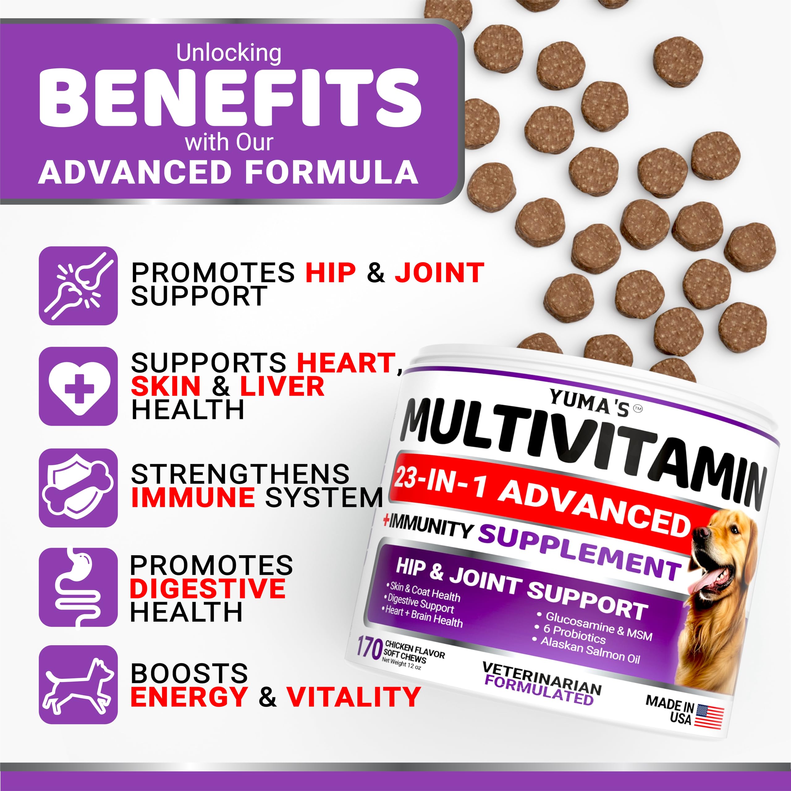 Dog Multivitamin Chewable with Glucosamine - Dog Vitamins and Supplements - 170 Treats - Senior & Puppy Multivitamin for Dogs -