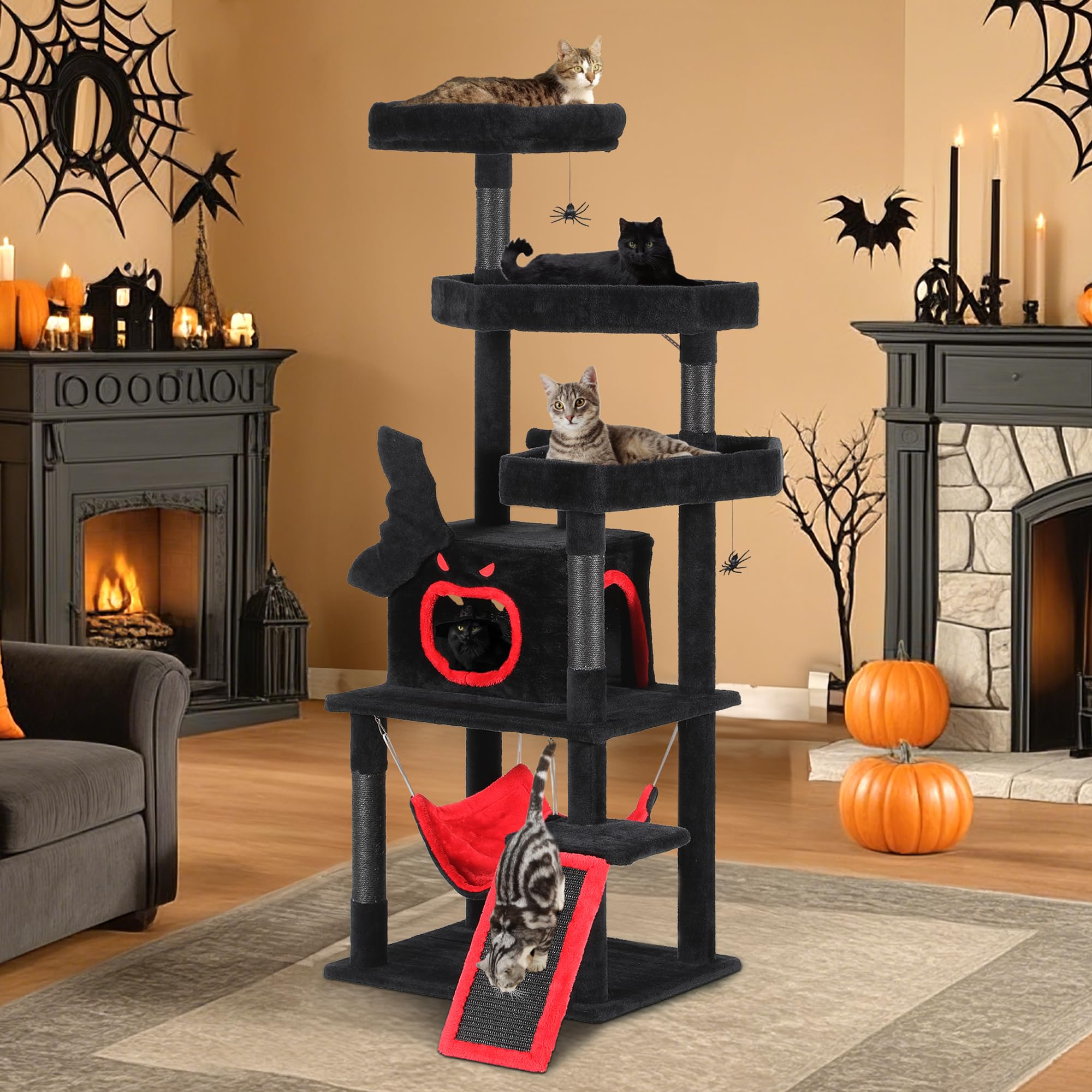 Yitahome Gothic Cat Tree With Coffin Bed, 63'' Tall Cat Tower For Indoor Cats With Top Perch, Spacious Cat Condos, Spider Hangin