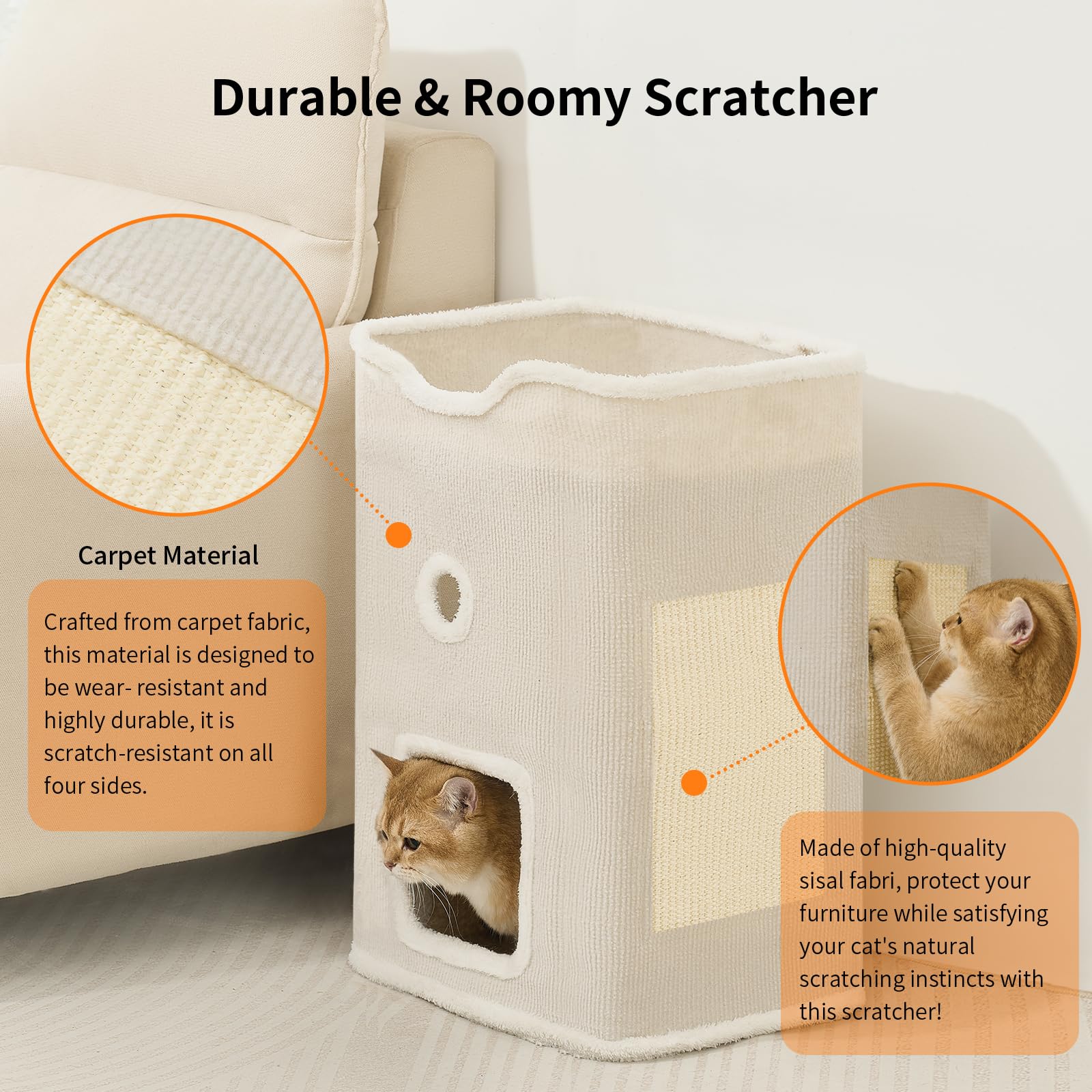 Cat Beds For Indoor Cats, Upgraded Wide Cat House & Condo 2-Story, Cat Bed Cave With Stable Frame And Large Scratch Pad, Durable