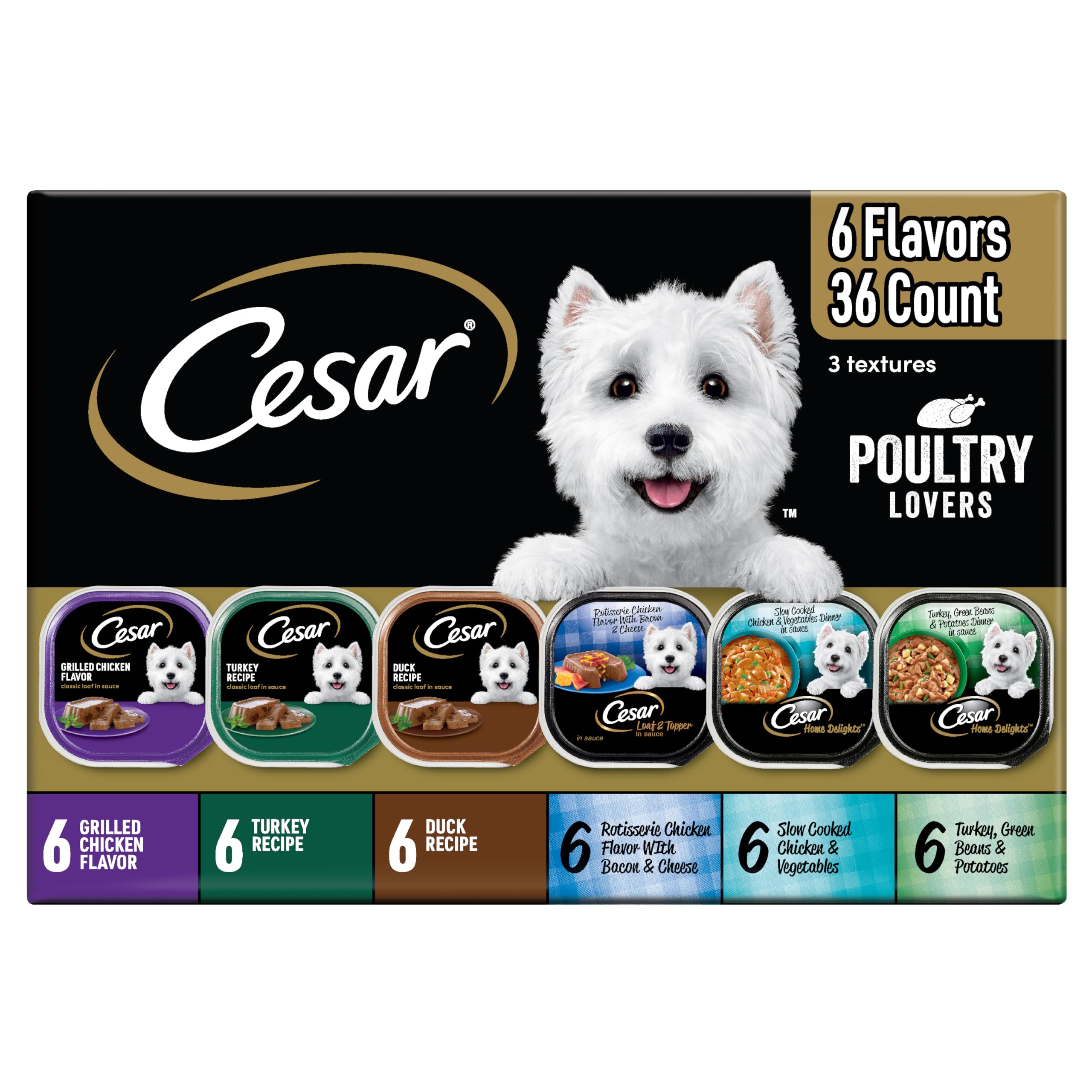 Cesar Wet Dog Food Poultry Lovers Variety Pack with Real Chicken, Turkey and Duck, 3.5 oz. Easy Peel Trays (36 Count, Pack of 1)