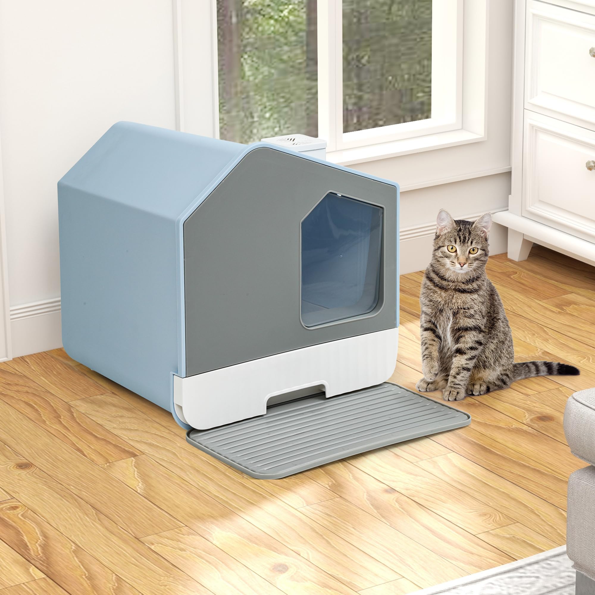 Dwvo Xl Enclosed Cat Litter Box With Vent, Mat, And Litter Scoop, Odorless, Anti-Splashing, No Installation Required - Blue
