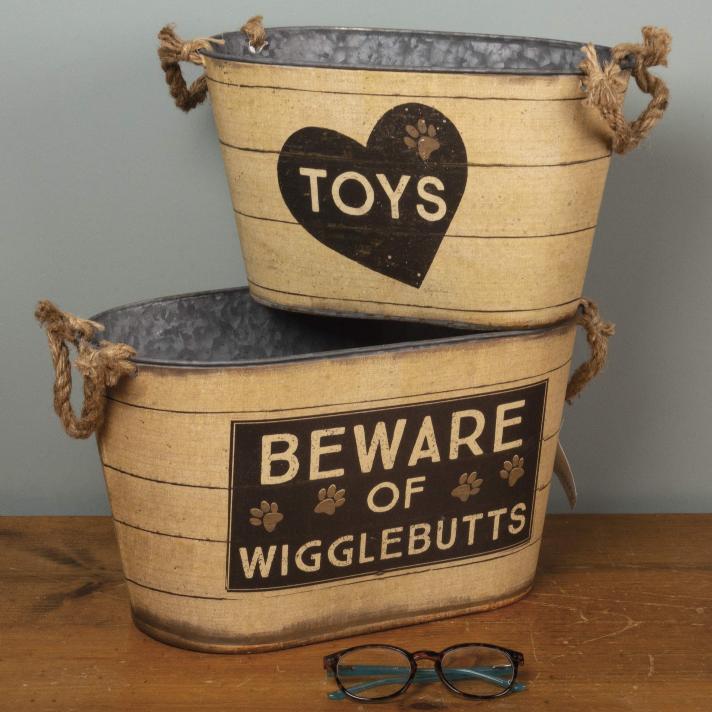 Primitives by Kathy Rustic Pet Tin Bins - Dog Food & Toy Storage Set, Toys & Beware of Wigglebutts Themed Containers