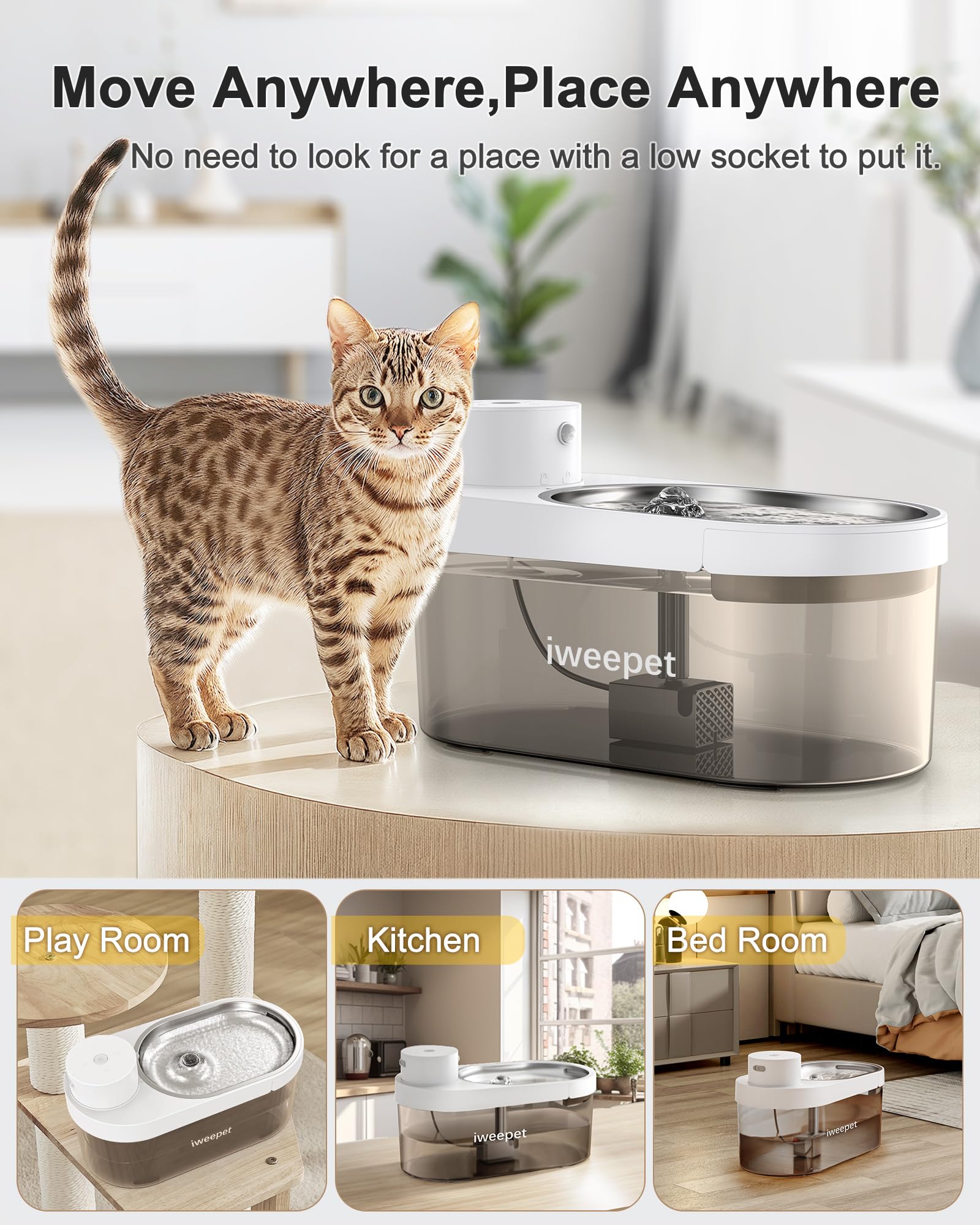 Iweepet Upgrade Wireless & Ultra-Quiet Cat Water Fountain Stainless Steel, 5000Amh Battery Operated Pet Fountain With 3 Flow Mod