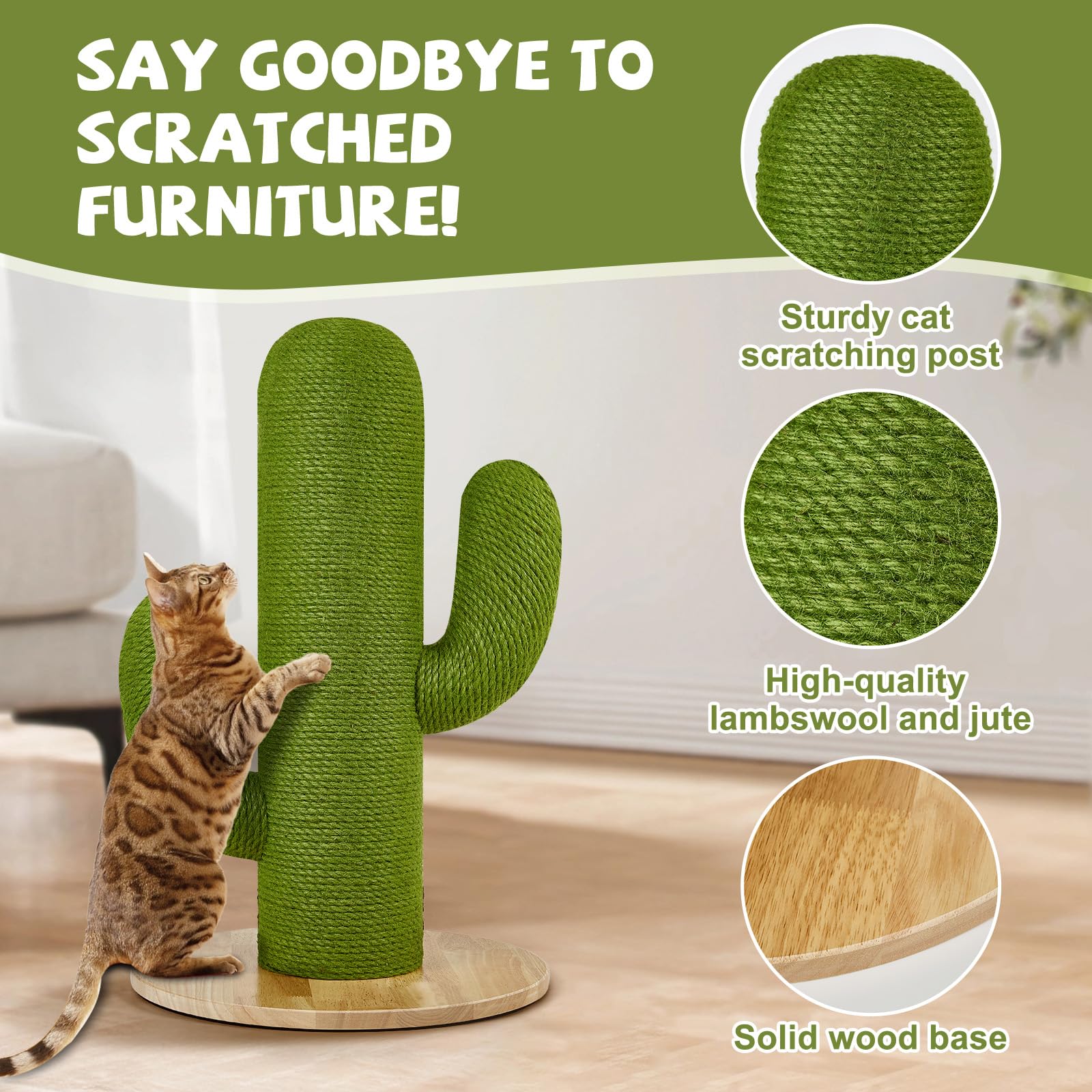 Towntime Cat Scratching Post With Solid Wood Base,27.55'' Hx17.71 Lx17.71 W Tall Scratching Posts For Indoor Cats Adults,Cactus