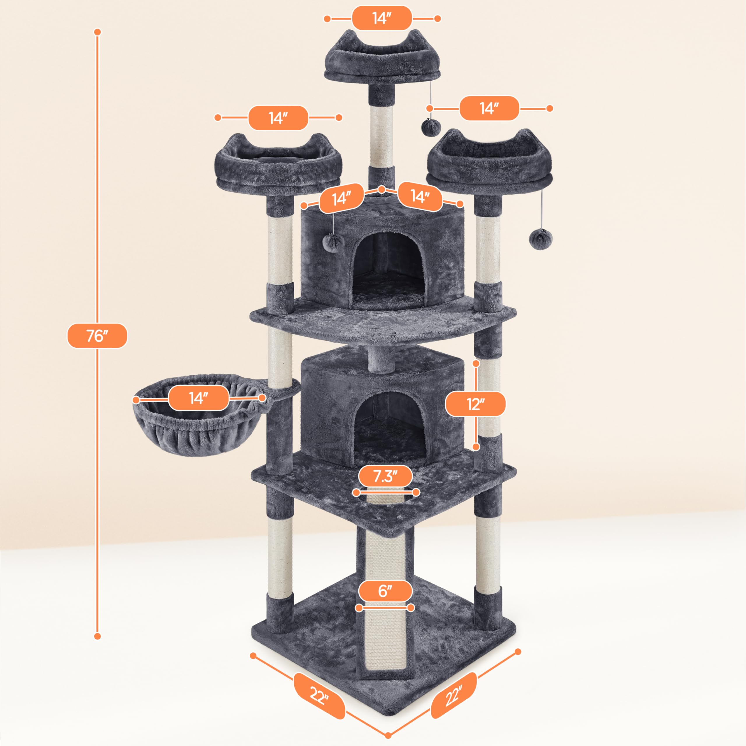 Yaheetech 76''H Large Cat Tree, Multilevel Cat House Plush Cat Tower With 2 Condos & 8 Scratching Posts For Kittens, Dark Gray