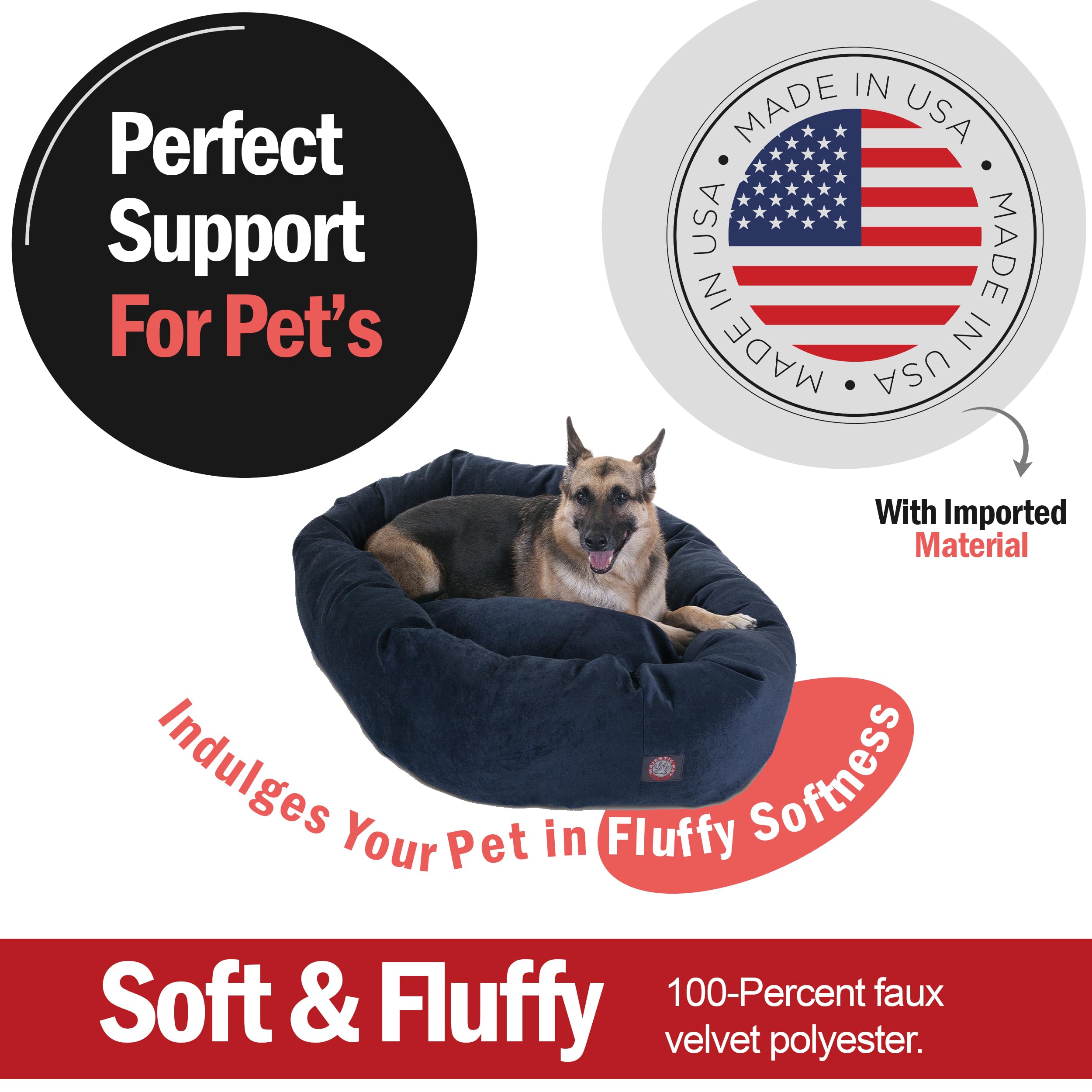 Majestic Pet 52 Inch Micro Velvet Calming Dog Bed Washable – Cozy Soft Round Dog Bed With Spine For Head Support - Fluffy Donut Dog Bed 52X35X11 (Inch) – Round Pet Bed X- Large – Navy