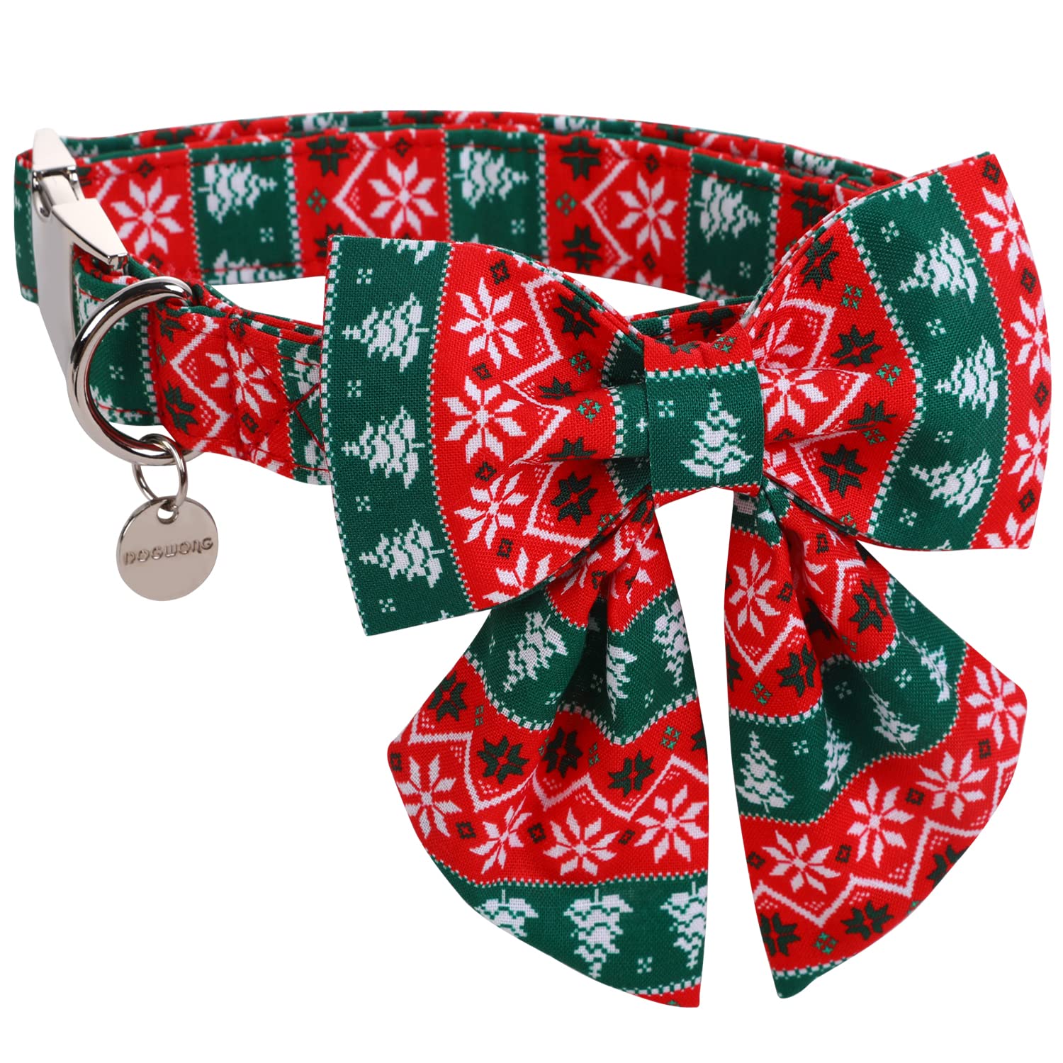 Dogwong Christmas Dog Collar With Sailor Bow Tie, Red Green Strip Snowflake Dog Collar Soft Durable Adjustable Cotton Puppy Coll