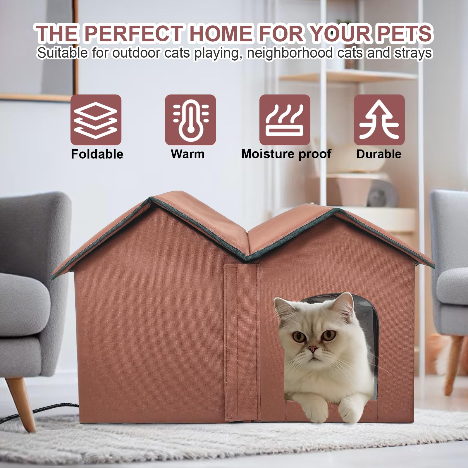 Golopet Heated Cat House With Intelligent Thermostat, Foldable Insulated Shelter For Indoor Outdoor Cats, Large Size With Double