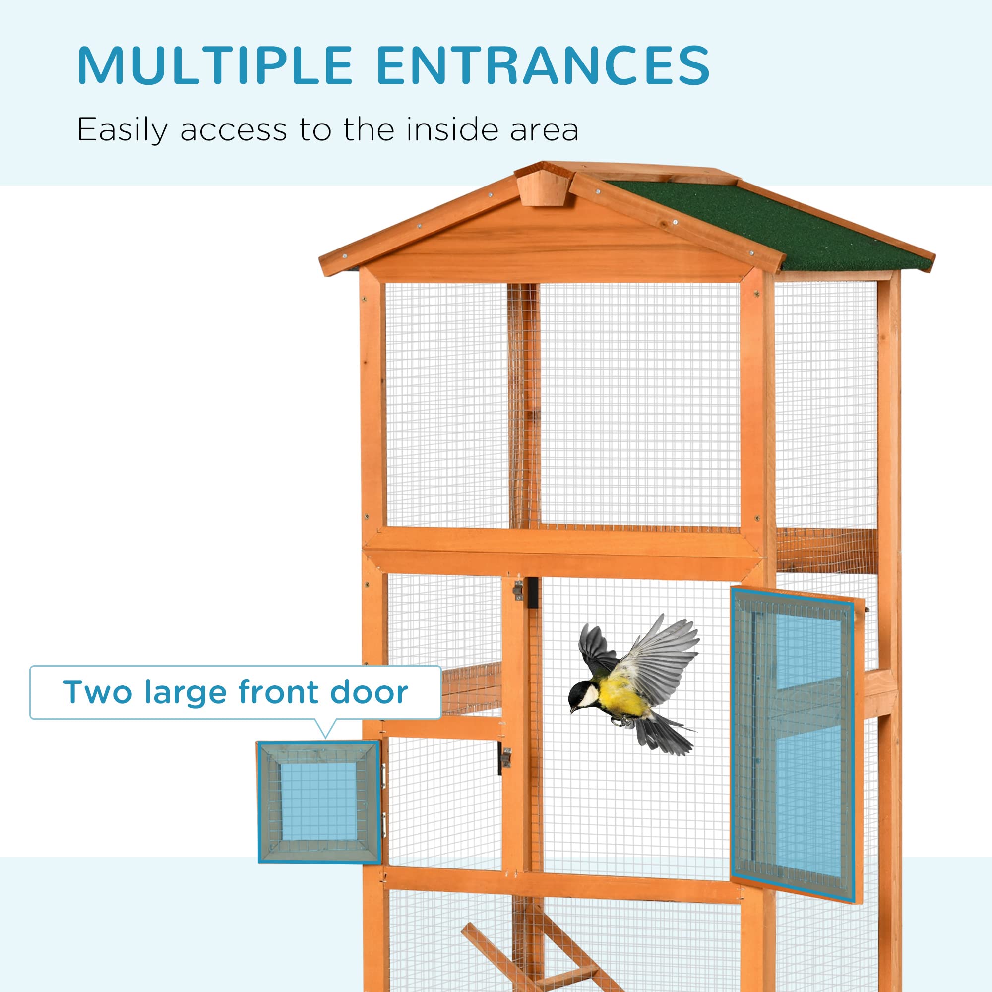 Pawhut 65'' Wooden Bird Cage Outdoor Aviary House For Parrot, Parakeet, With Pull Out Tray And 2 Doors, Natural