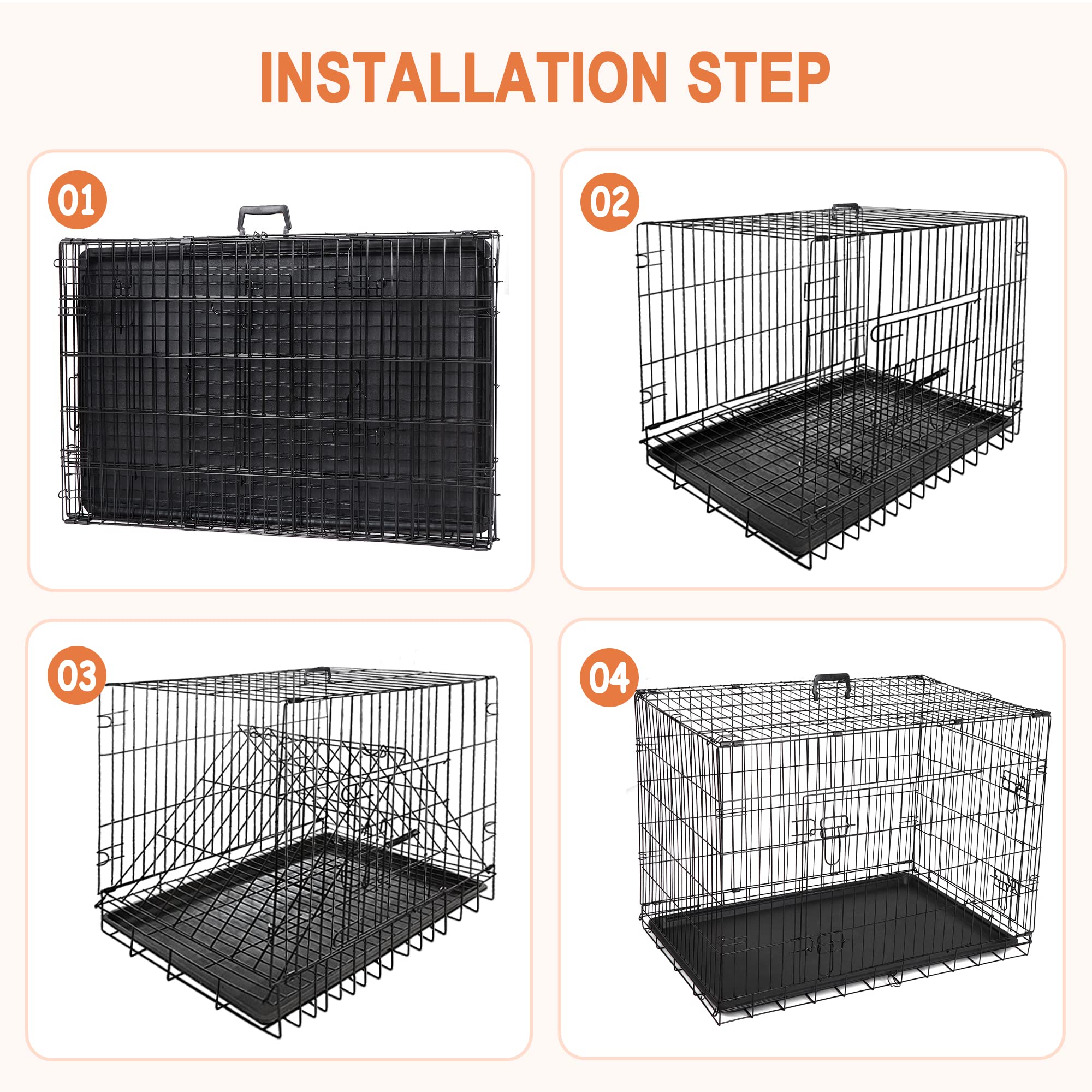 30/36/42 Inches Double Door Dog Crate Folding Metal Wire Dog Kennel Cage With Tray For Small/Medium/Large Dogs Indoor Outdoor Tr