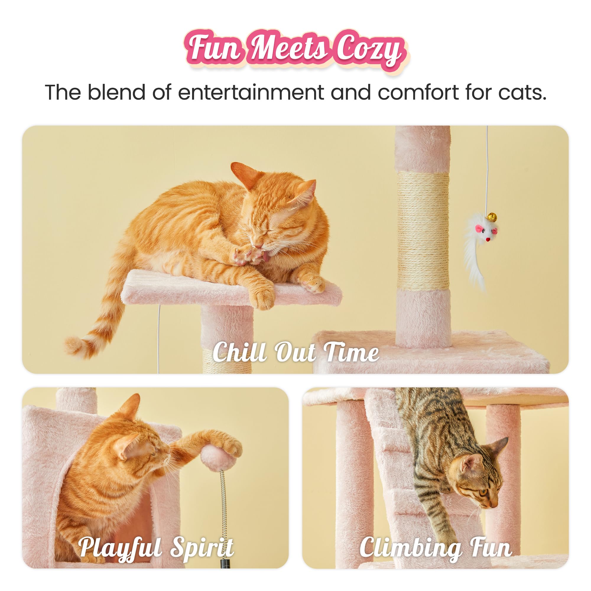 Mwpo 63.8-Inch Pink Cat Tree For Indoor Cats, Multi-Level Cat Tower With Sisal-Covered Scratching Posts, Padded Platform, Hammock, Dangling Toys, Stable Cat Condo Pet Play House