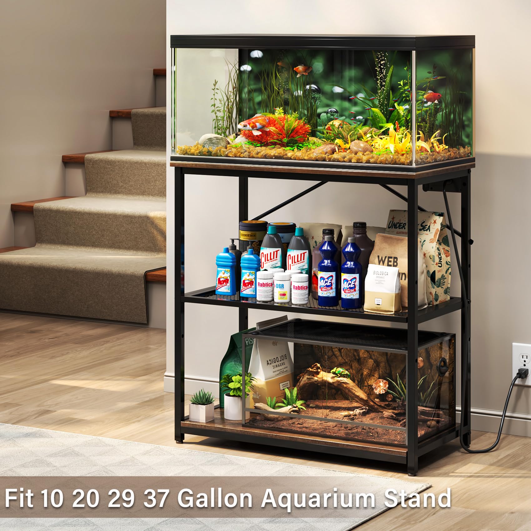 TC-HOMENY Fish Tank Stand 10/20/29/37 Gallon, Aquarium Stand with Charging Station,1000LB Capacity ,31 L x 16 W Metal Reptile Ta