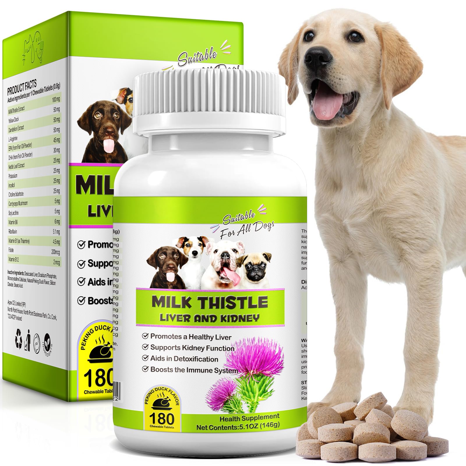 Milk Thistle for Dogs, 180 Chewable Tablets Milk Thistle Supplement for Dogs Natural Liver Support for Pets, Kidney Cleanse & Re