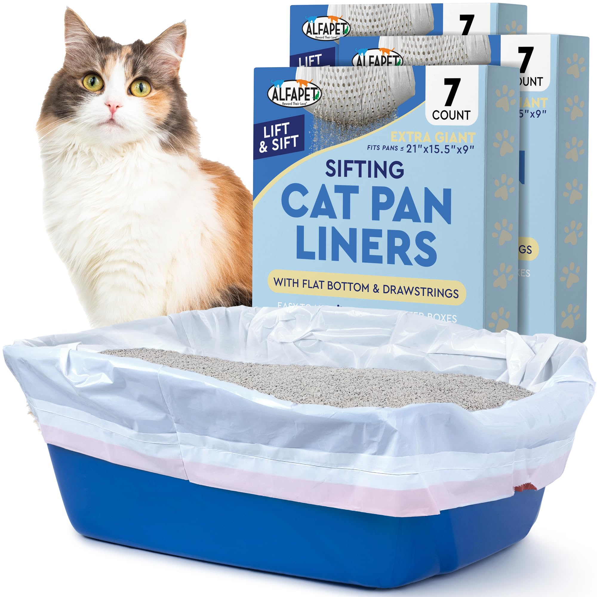 Alfapet Self Sifting Cat Litter Box Liners, Set Of 21, Flat Base, Xl Design, With Inbuilt Drawstrings, Fits Large Trays, Reinfor