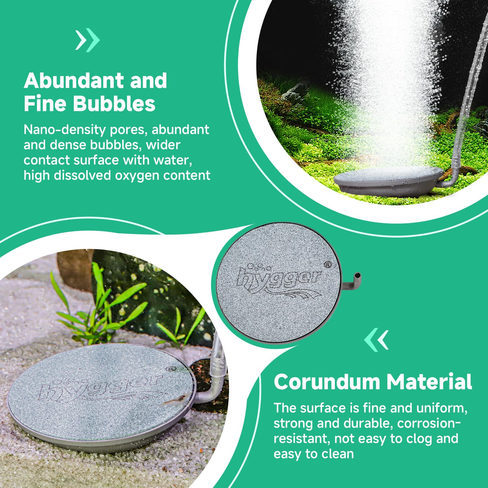 hygger Aquarium Air Stone, 1.5 Inch Fish Tank Bubbler Stone Kit Makes Super Tiny Bubbles, Ultra-High Dissolved Airstone with Sta