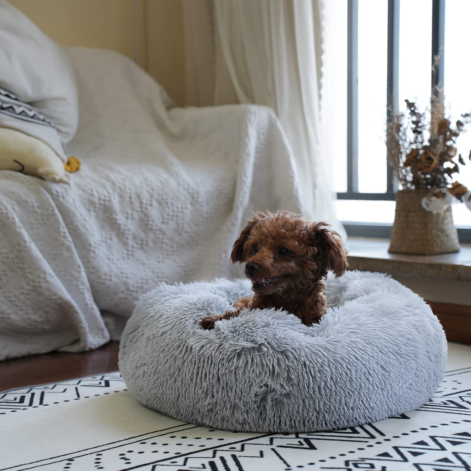 wrkfree Grey Tiny Dog Bed - Fluffy Washable Donut Design, Anti-Slip, XXS (15x15) for Puppies and Small Dogs