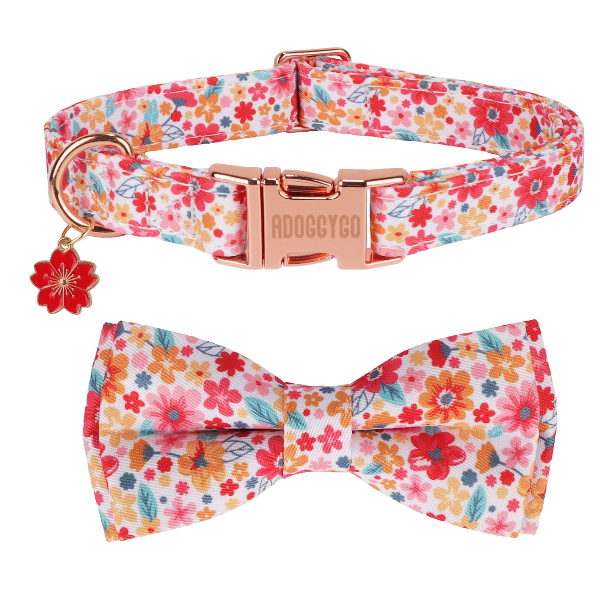 Adoggygo Floral Dog Collar With Bow, Metal Buckle, Adjustable Red Pink Pet Flower Collar For Medium Large Dogs (Large)
