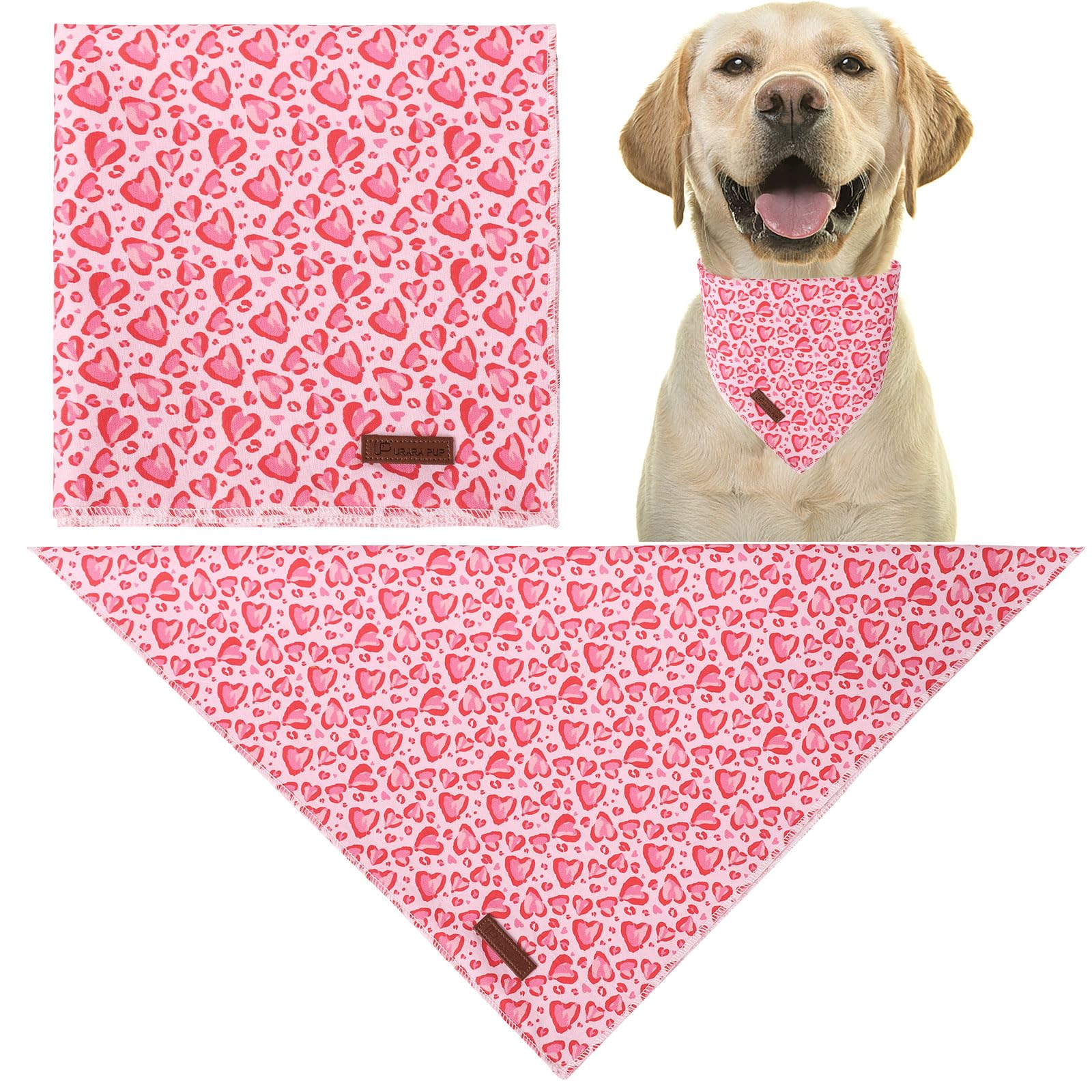 Up Urara Pup Valentine Triangle Pink Heart Bandana, Cotton Kerchief For Small To Medium Dogs Or Cats, Adorable Puppy Or Boy Dog