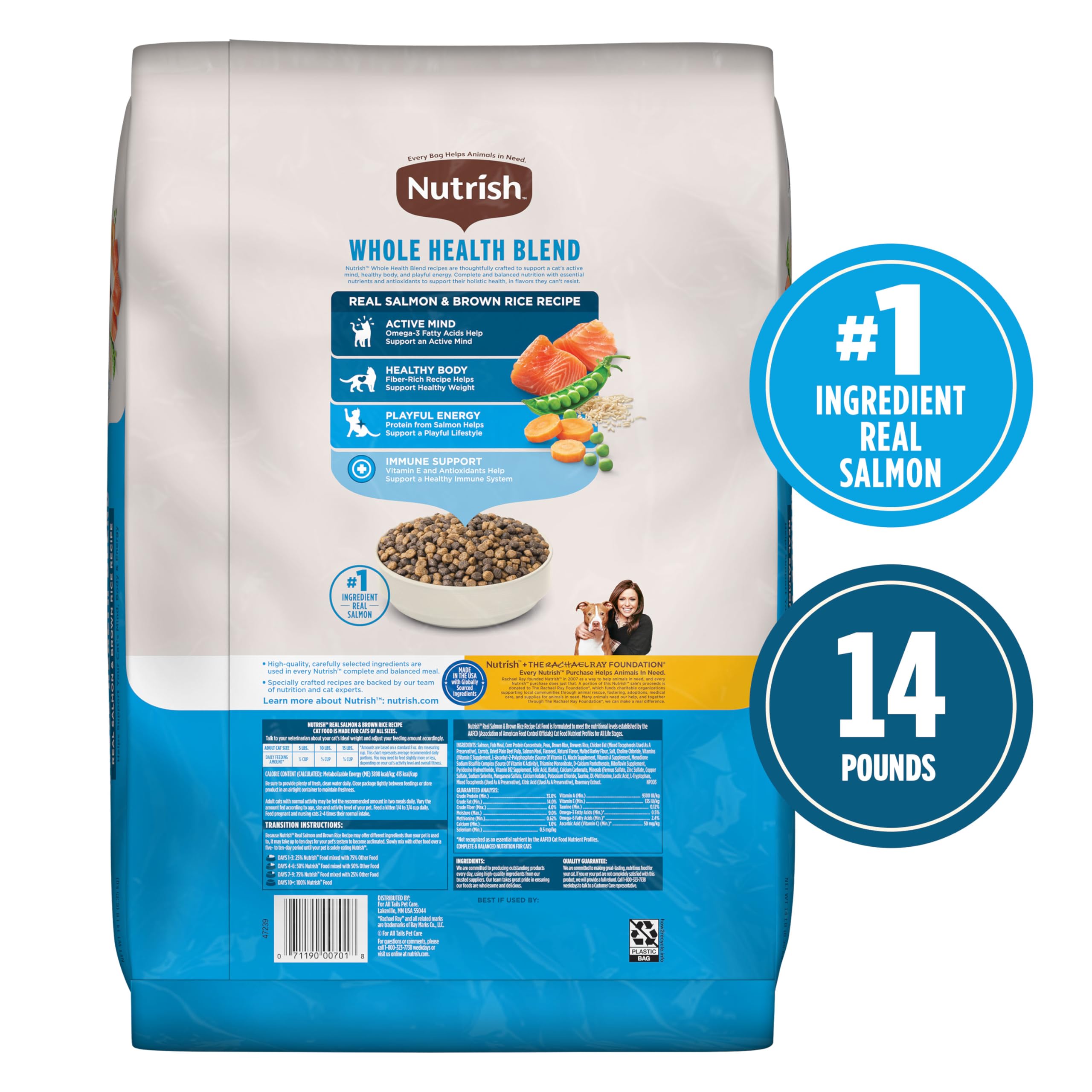 Nutrish Real Salmon & Brown Rice Recipe Dry Cat Food, 14 lb. Bag, Packaging May Vary (Rachael Ray)