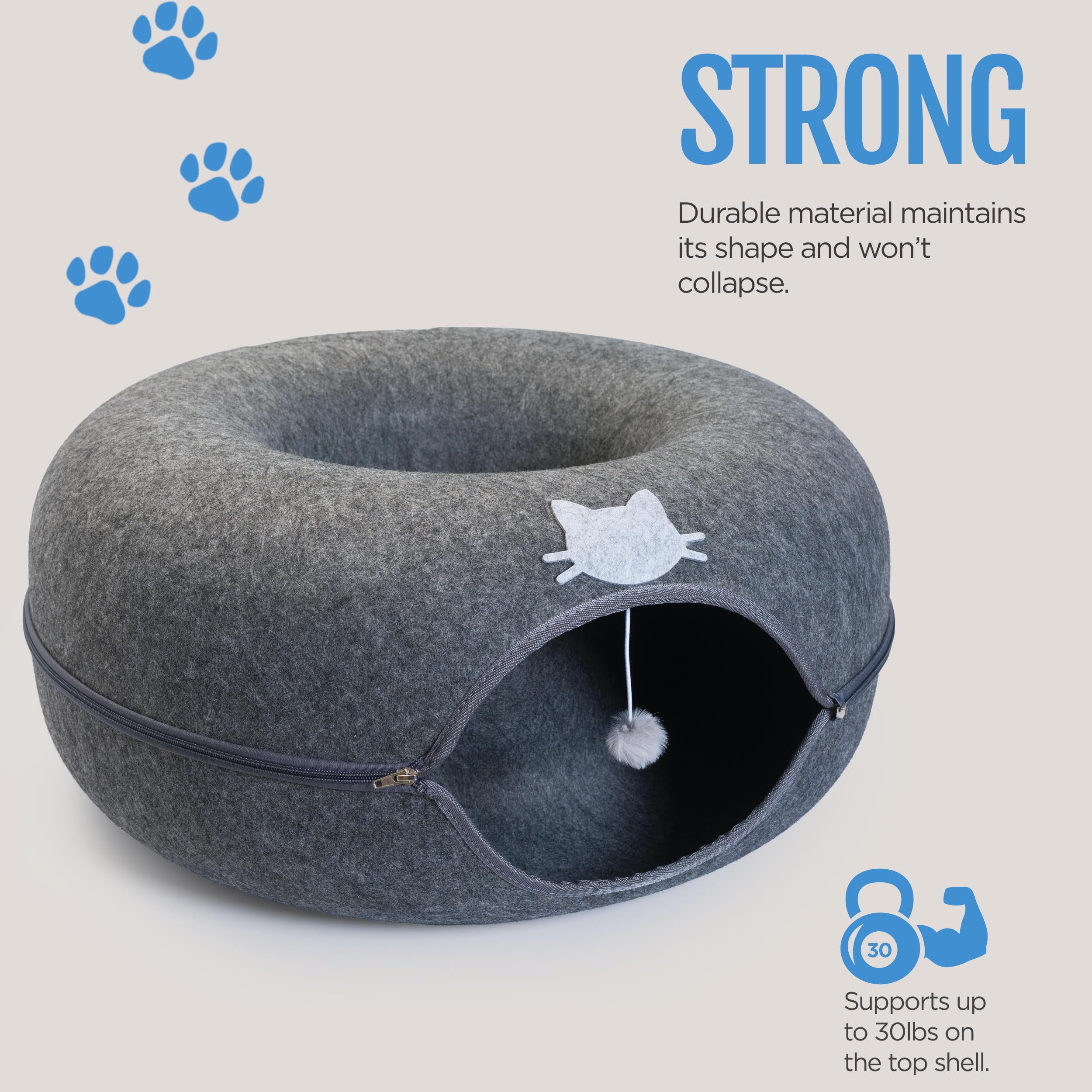 Meow Mansion Large Cat Cave Donut Bed - Cat Tunnel Bed For Large Cats Up To 30Lbs - 3 Toy Balls & Hanging Ball Included - Scratc