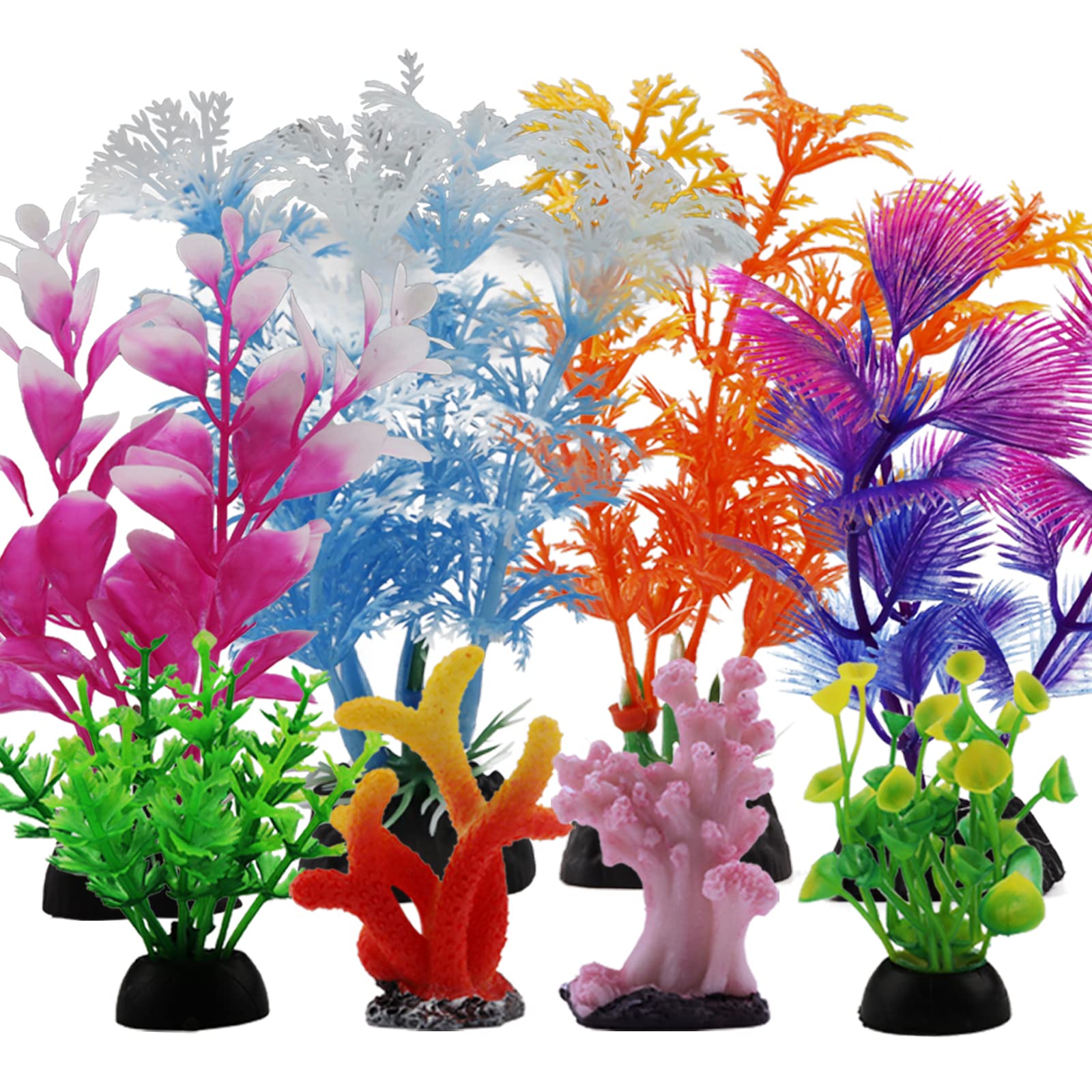 Pietypet Fish Tank Decorations Plants With Resin Coral, 8 Pcs Aquarium Decorations Small Plants Plastic, Fish Tank Accessories, 