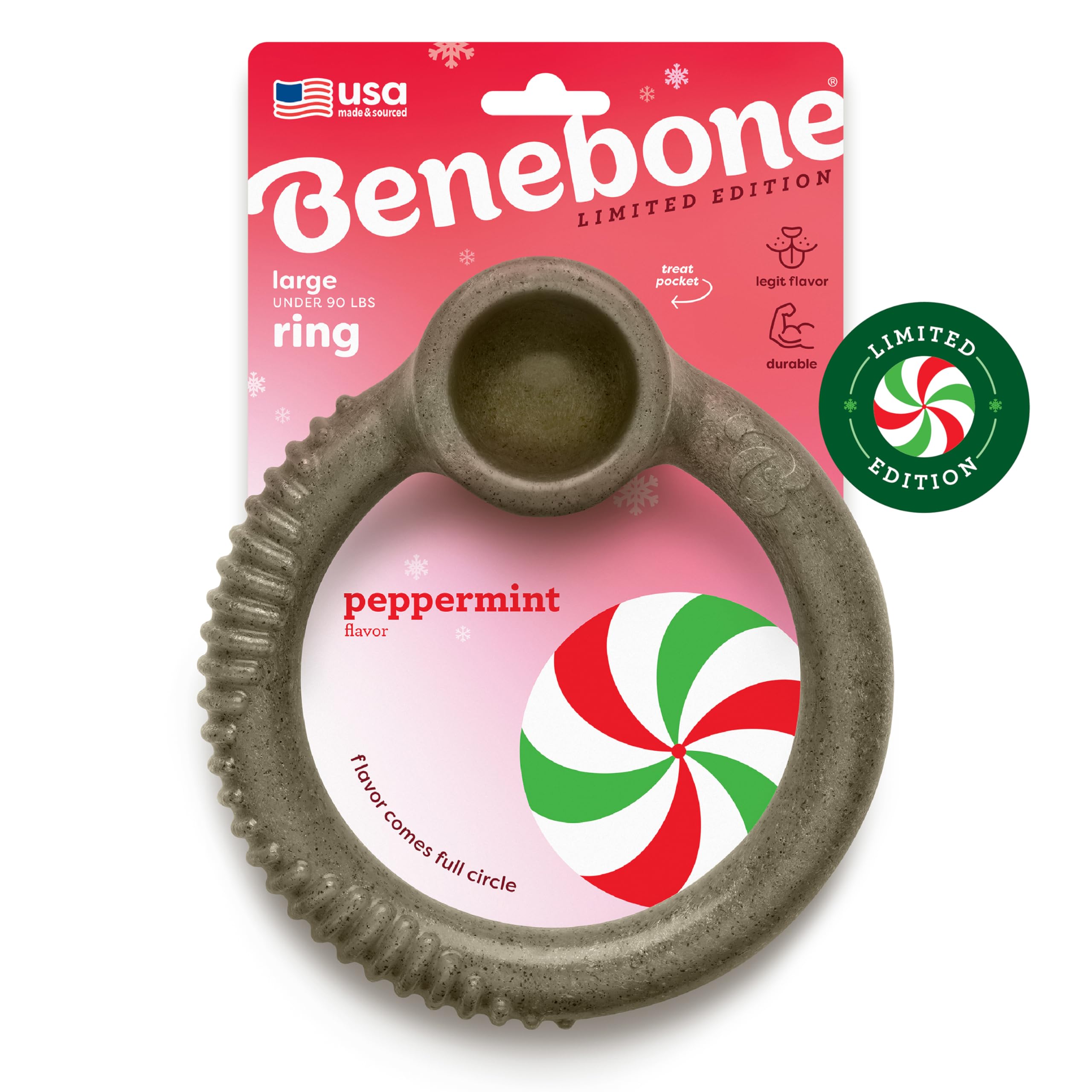 Benebone Peppermint Ring - Limited Edition Holiday Flavor, Durable Chew Toy for Aggressive Chewers, Made in USA, Large