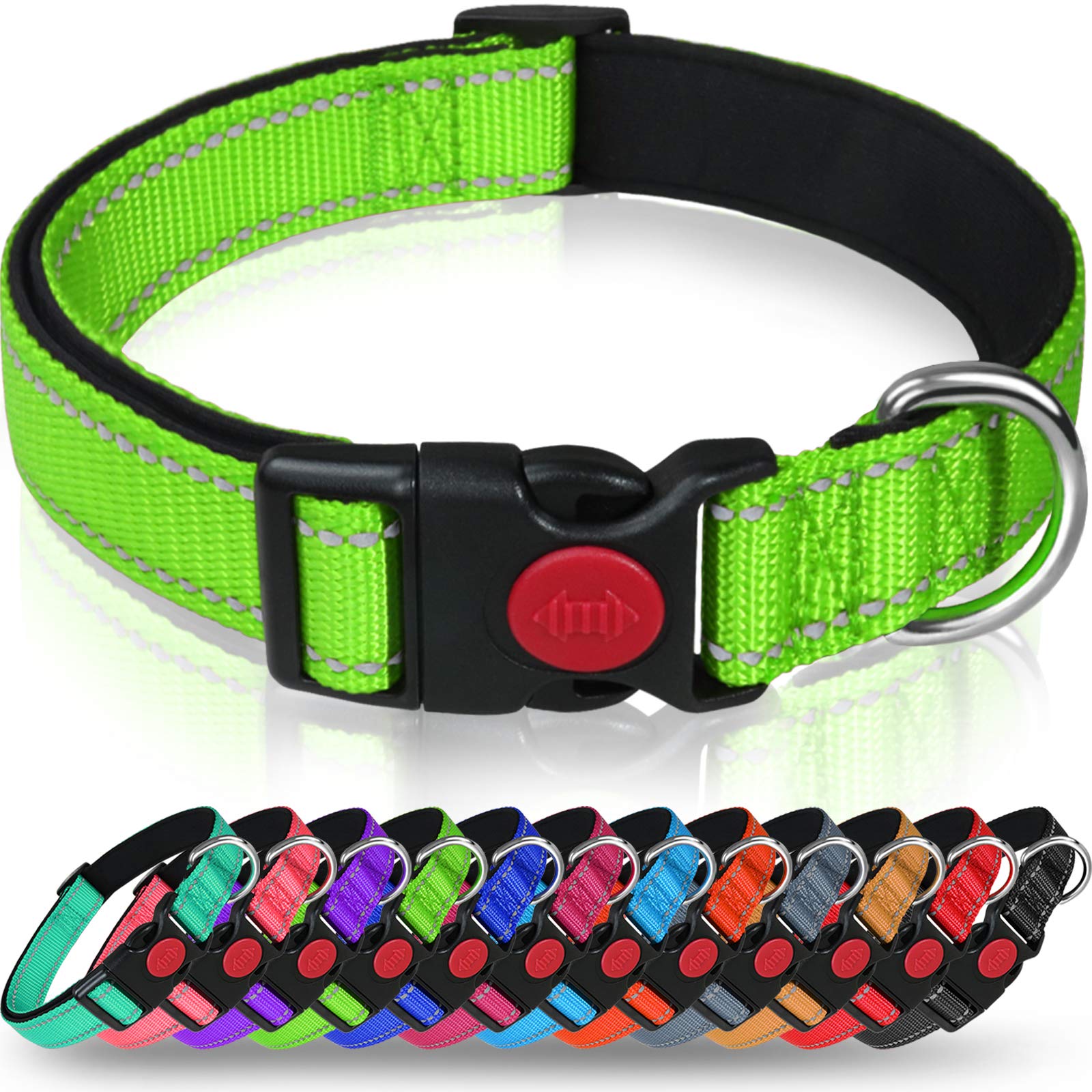 Taglory Reflective Dog Collar With Safety Locking Buckle, Adjustable Nylon Pet Collars For Large Dogs Female Male, Green, L