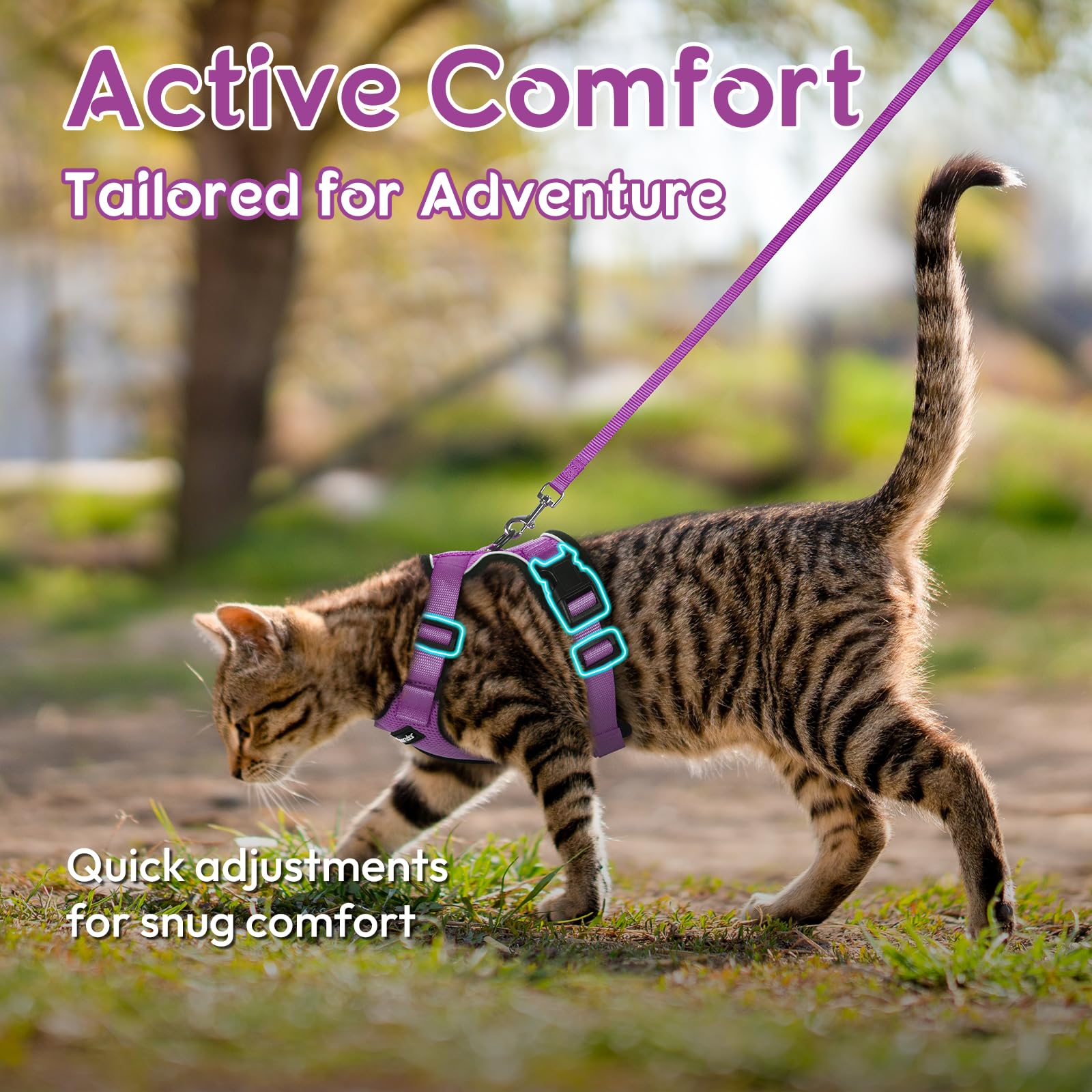 Dooradar Cat Harness And Leash Set, Escape Proof Safe Adjustable Kitten Vest Harnesses For Walking, Easy Control Soft Breathable Mesh Jacket With Reflective Strips For Cats, Purple, Xs