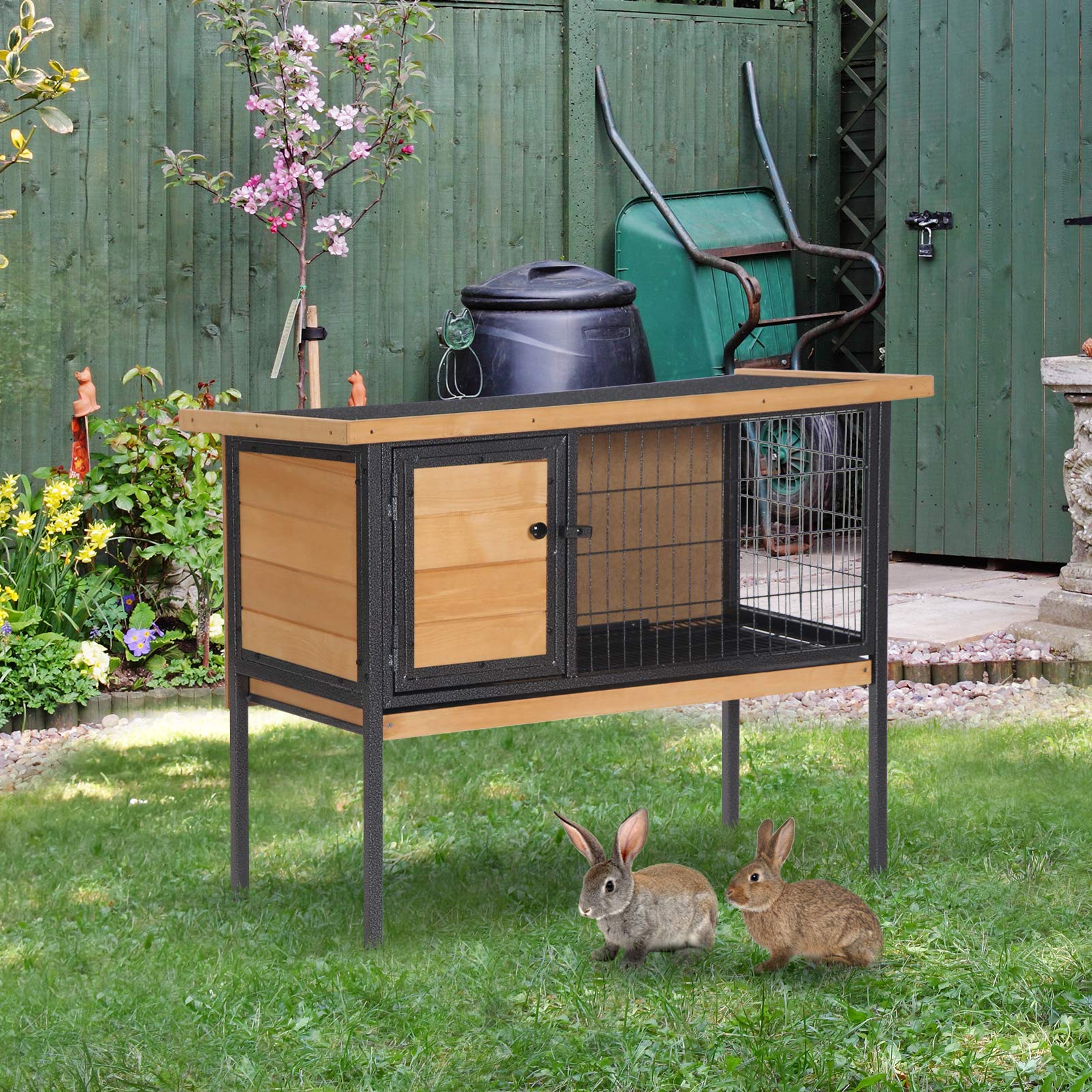 Pawhut Rabbit Hutch Elevated Bunny Cage Small Animal Habitat With Metal Frame, No Leak Tray, Mtetal Wire Pan And Openable Water-