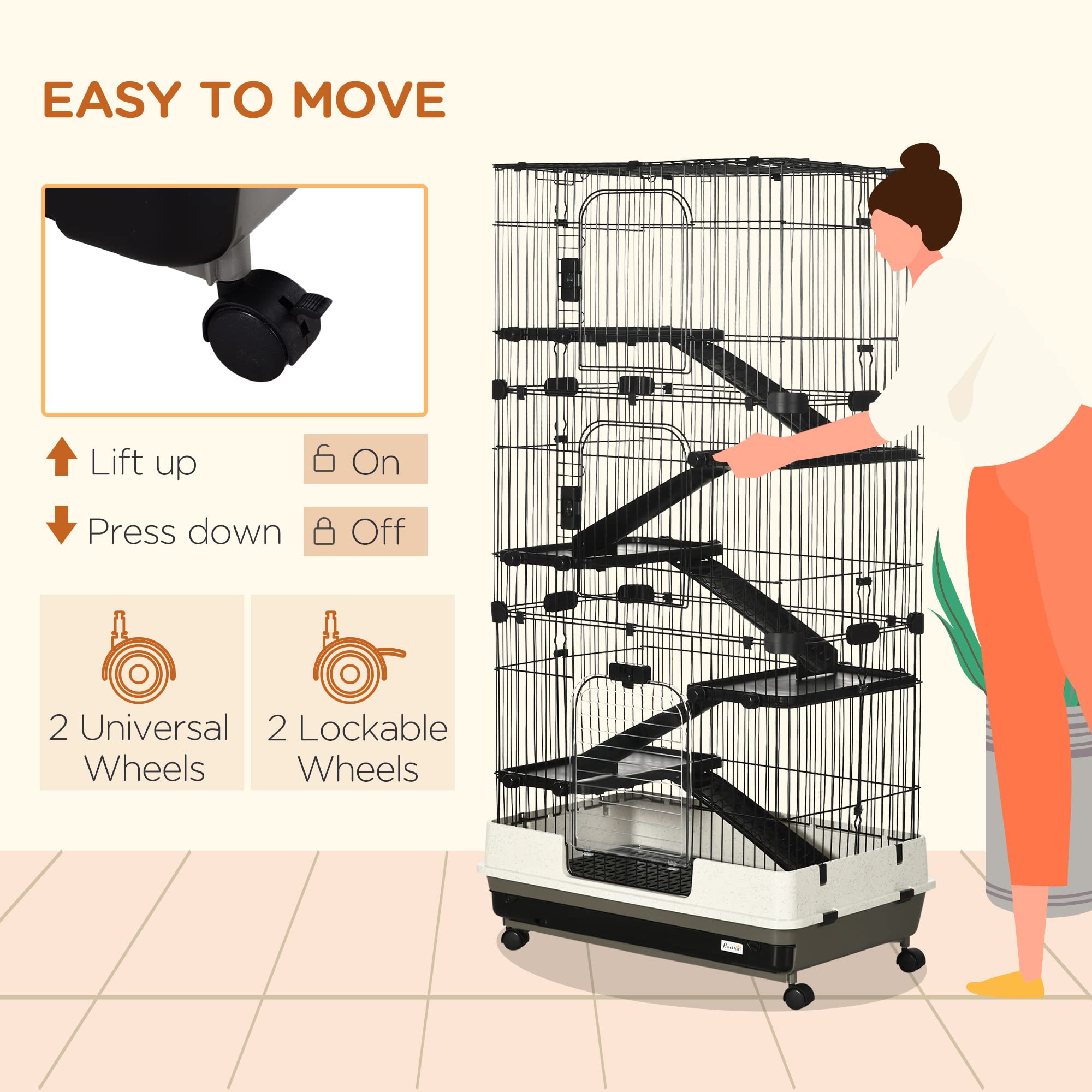 Pawhut 6-Level Small Animal Cage Rabbit Hutch With Wheels, Removable Tray, Platform And Ramp For Bunny, Chinchillas, Ferret, Black