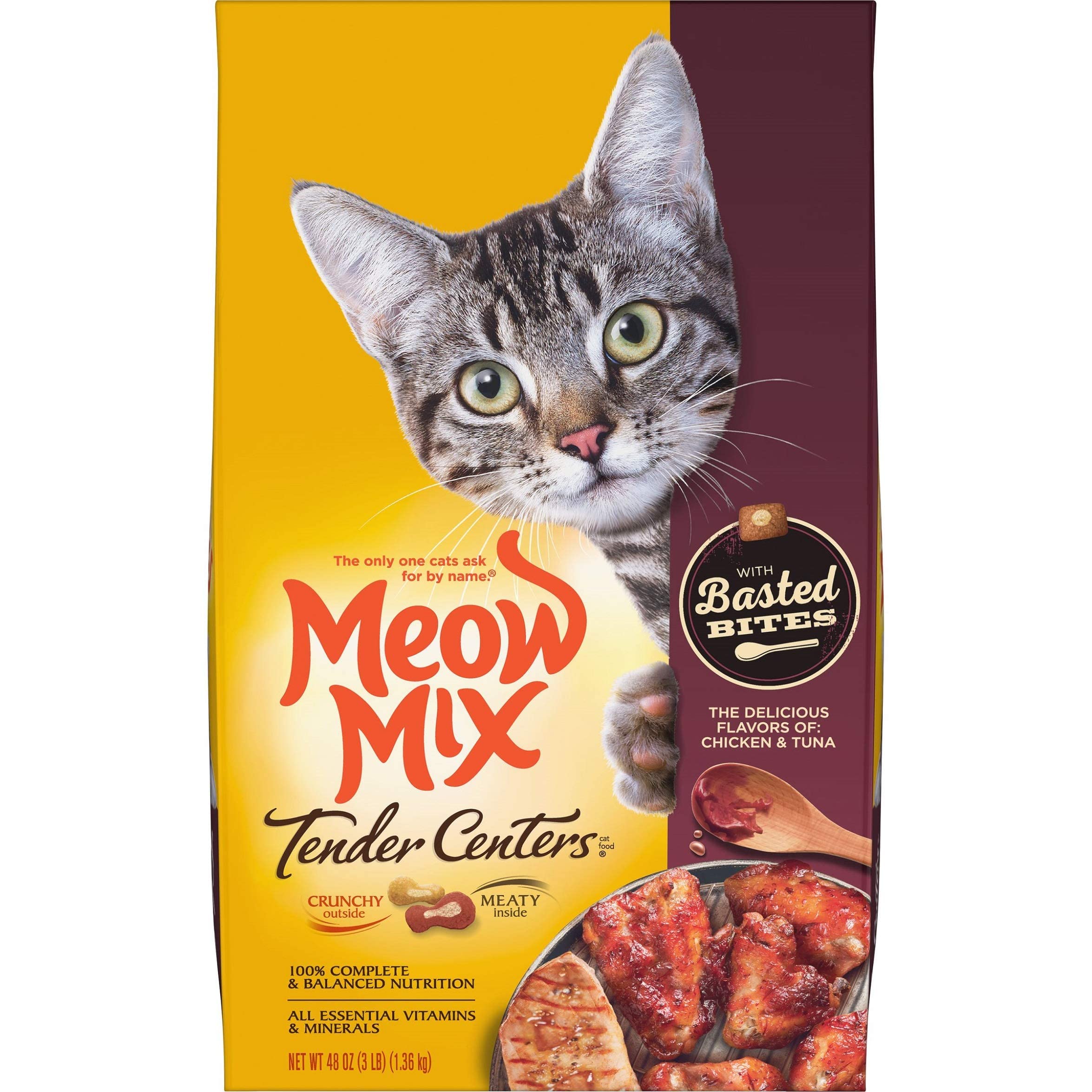 Meow Mix Tender Centers Basted Bites Dry Cat Food, Chicken & Tuna Flavor, 3 Pound (Pack of 4), Crunchy Outside Meaty Inside
