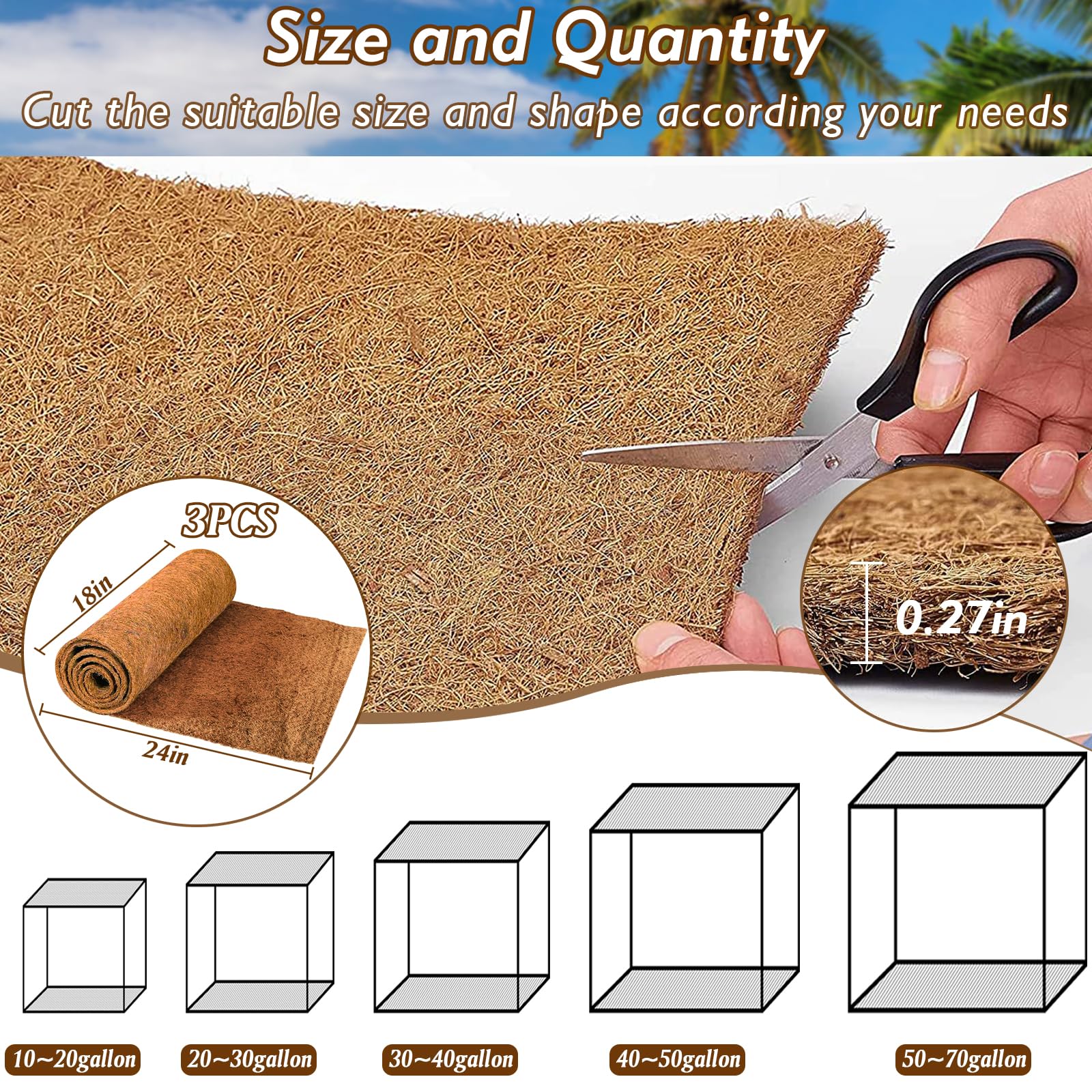 ZeeDix 3 Rolls Coconut Fiber Reptile Substrate Mat, 18 x 24 inches Natural Coco Mat Reptile Carpet Coco Fiber Liner Turtle Beddi