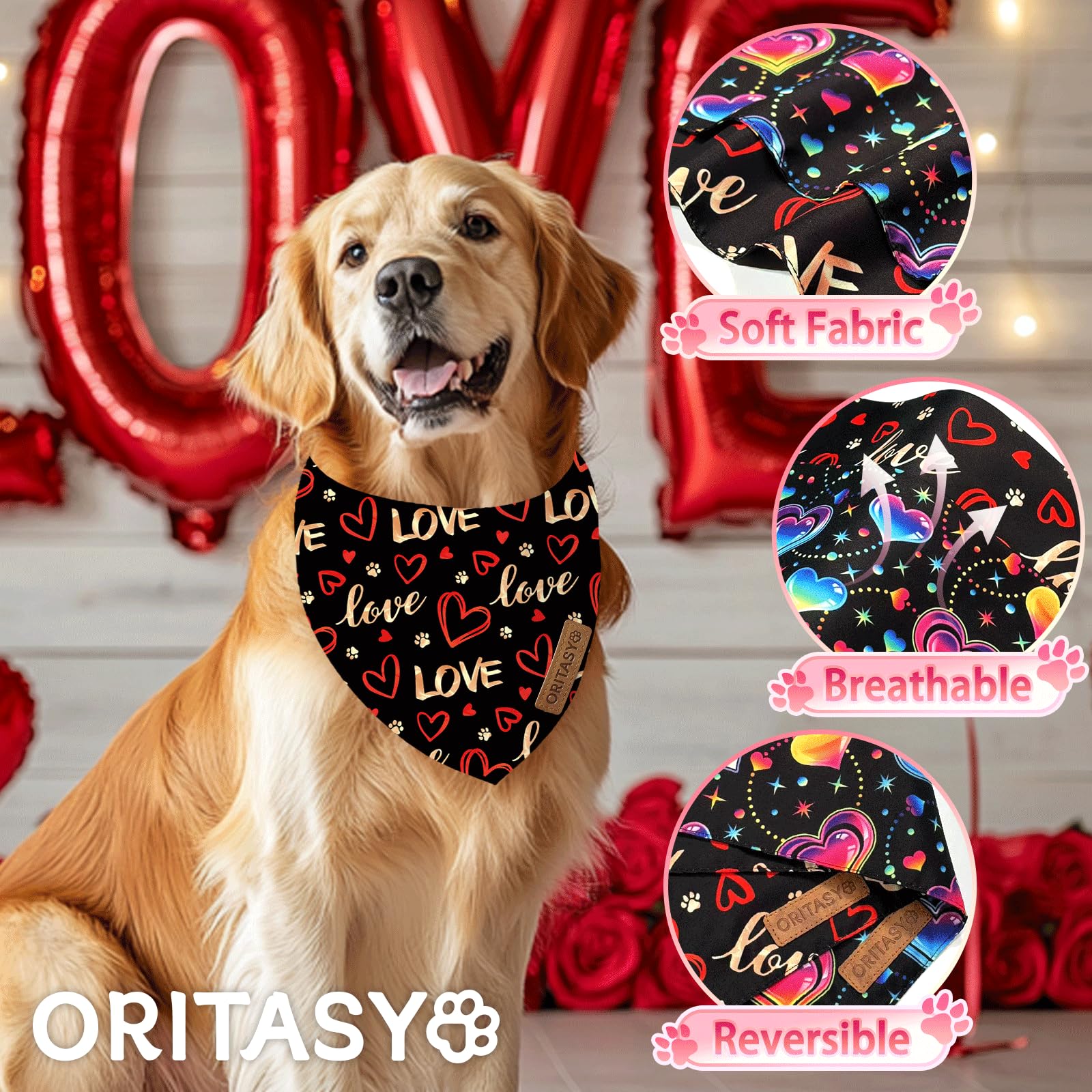 Oritasy Valentines Day Dog Bandanas, 2-Pack Triangle Reversible Love Pet Scarves, Premium Fabric Bandana (Large, Style 2)