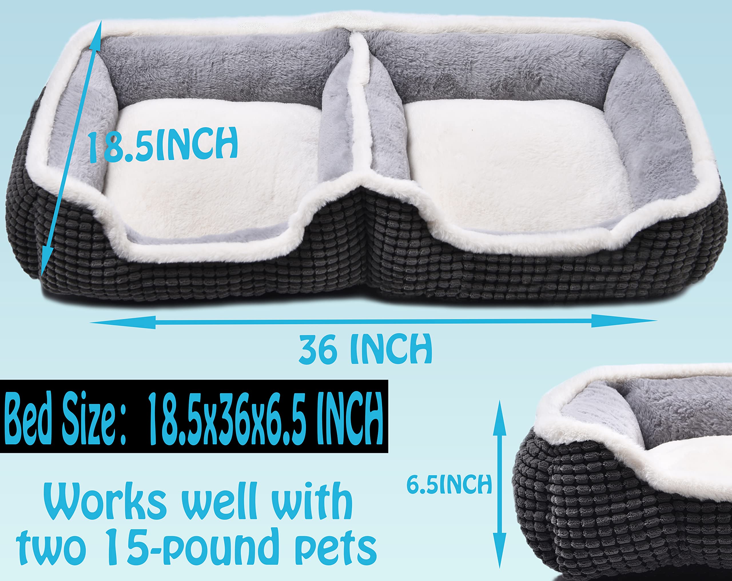 Dog Beds For Two Small Dogs, Double Cat Beds For Indoor Cats,Washabel Super Soft Durable Kitten Bed And Puppy Bed,?nti-Slip & Water-Resistant Bottom,Luxury Rectangle Grey Pet Bed