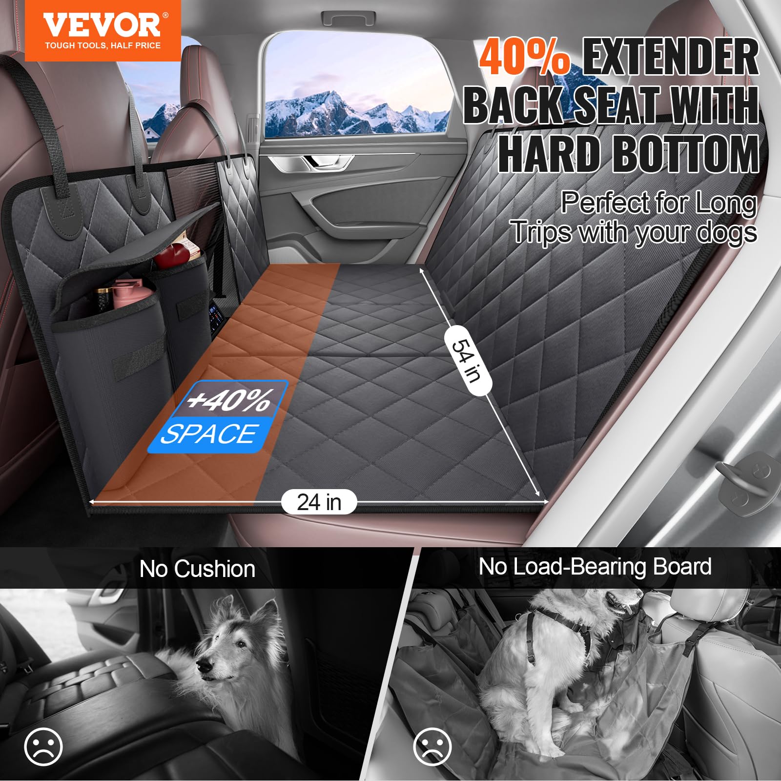 VEVOR Back Seat Extender for Dogs,Hard Bottom Car Seat Cover for Dogs Supports 400lbs,Heavy Duty Dog Car Seat Cover for Back Sea