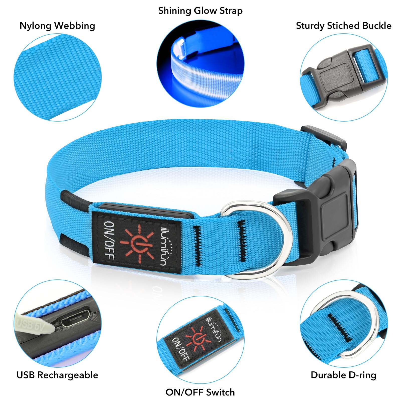 Illumifun Led Dog Collar, Usb Rechargeable Lighted Up Dog Collar, Adjustable Nylon Webbing Glowing Pet Safety Collar For Your Dogs (Blue, Medium)