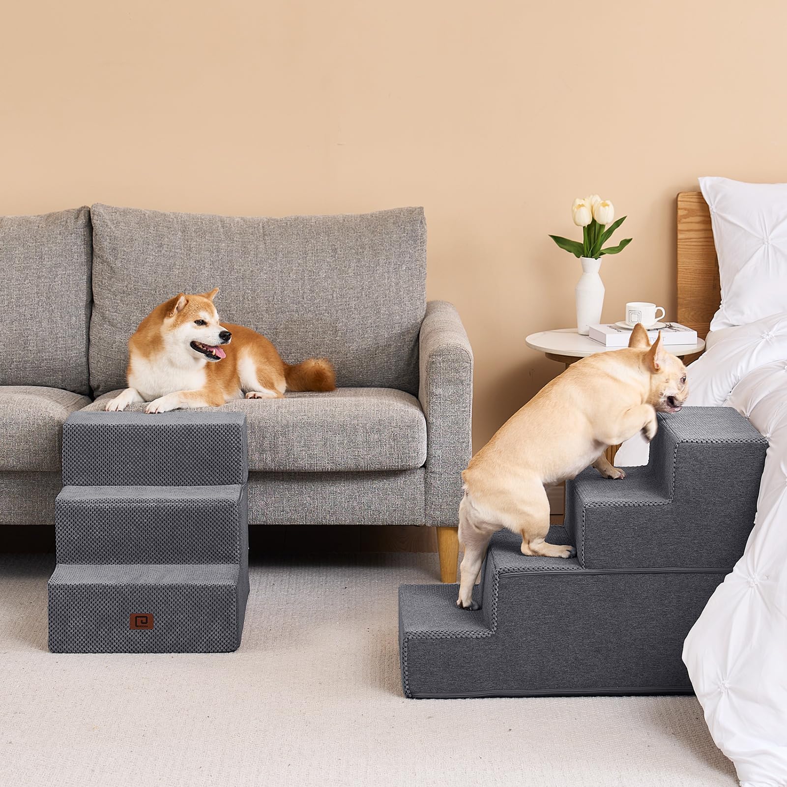 Eheyciga Dog Stairs For Bed 18”H, 4-Step Extra Wide Dog Steps For High Bed, Pet Steps For Small Dogs And Cats, Non-Slip Balanced Dog Indoor Ramp, Grey