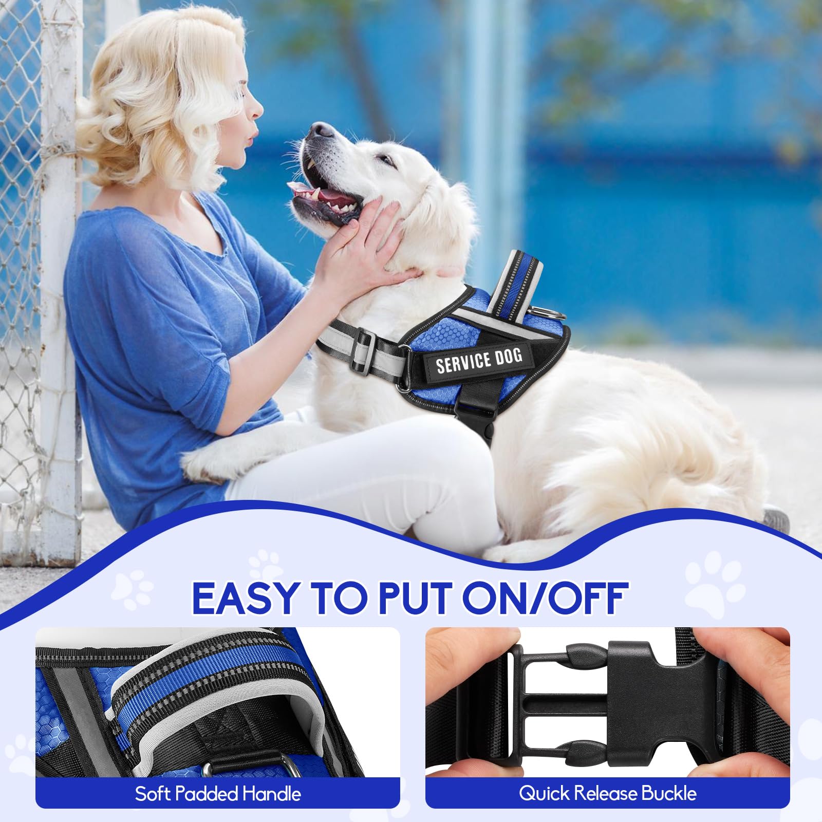 Service Dog Vest Harness And Leash Set, Animire In Training Dog Harness With 8 Dog Patches, Reflective Dog Leash With Soft Padded Handle For Small, Medium, Large, And Extra-Large Dogs (Blue,S)