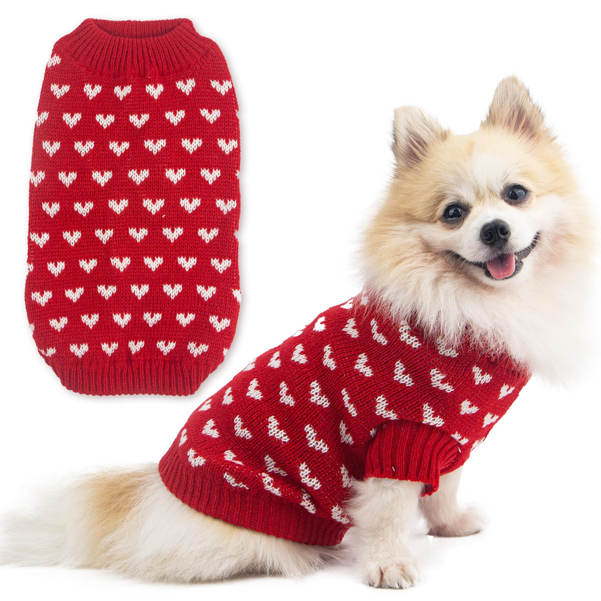 Dog Sweater Heart Puppy Sweater Warm Soft Pet Cloth Dog Outfits For Small Dogs And Cats (Red, M)