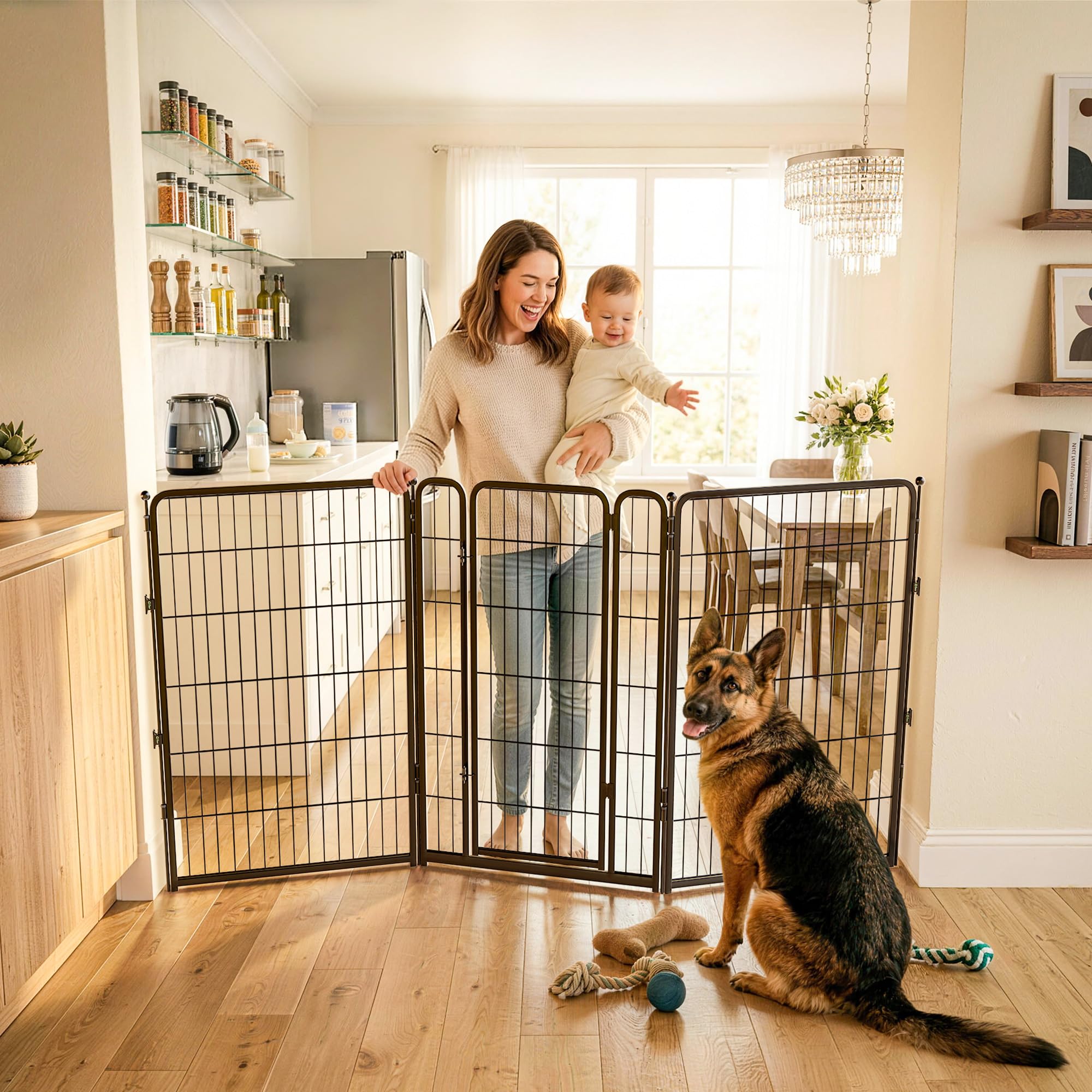 FXW Dog Gate Extra Wide Designed for Indoor Use, Adjustable Width Up to 83-inch Wide (45 H 3 Wire Panels for Large Dogs), Black
